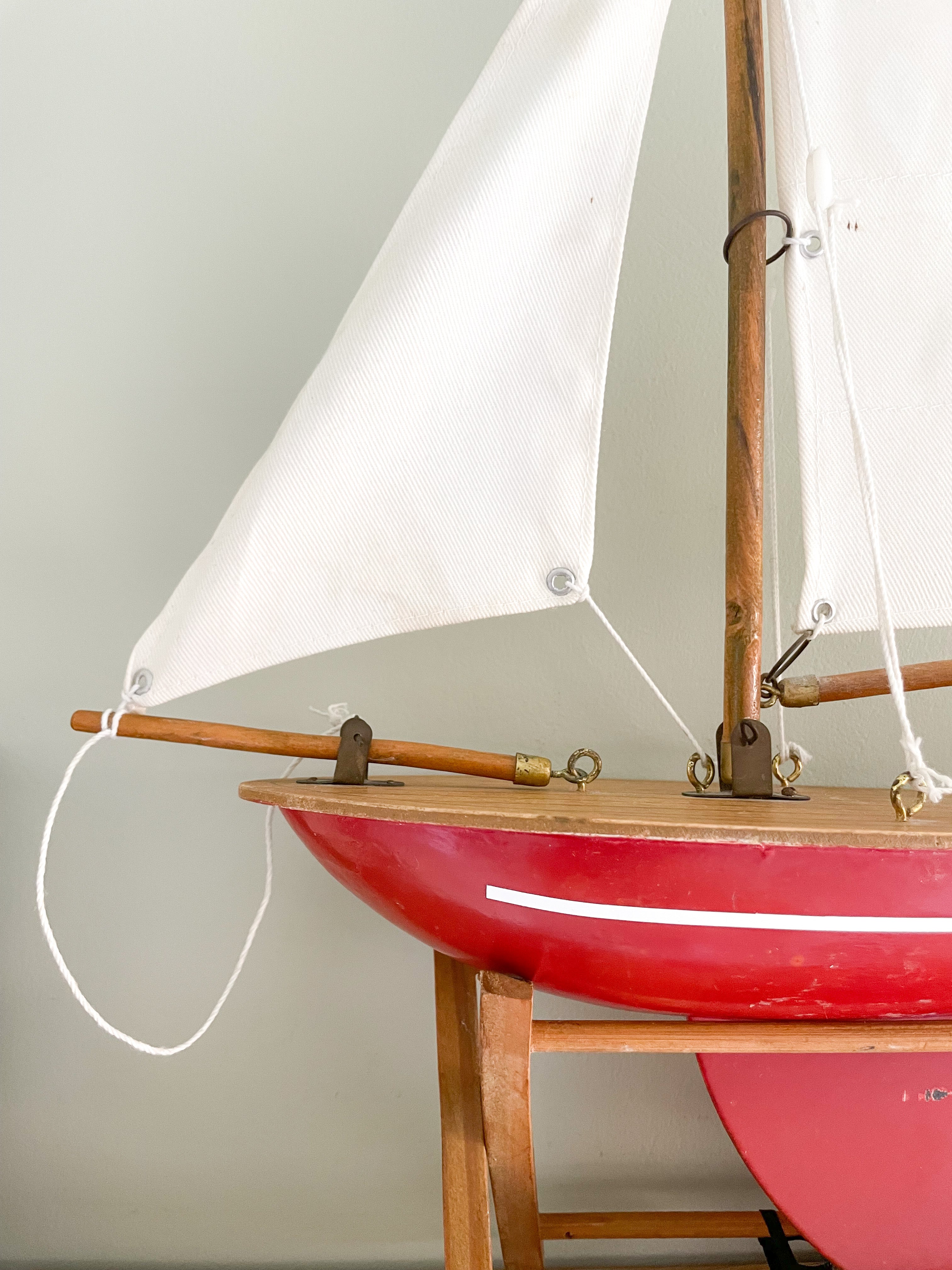 Vintage wooden model red sailing boat, pond yacht or ship - Moppet