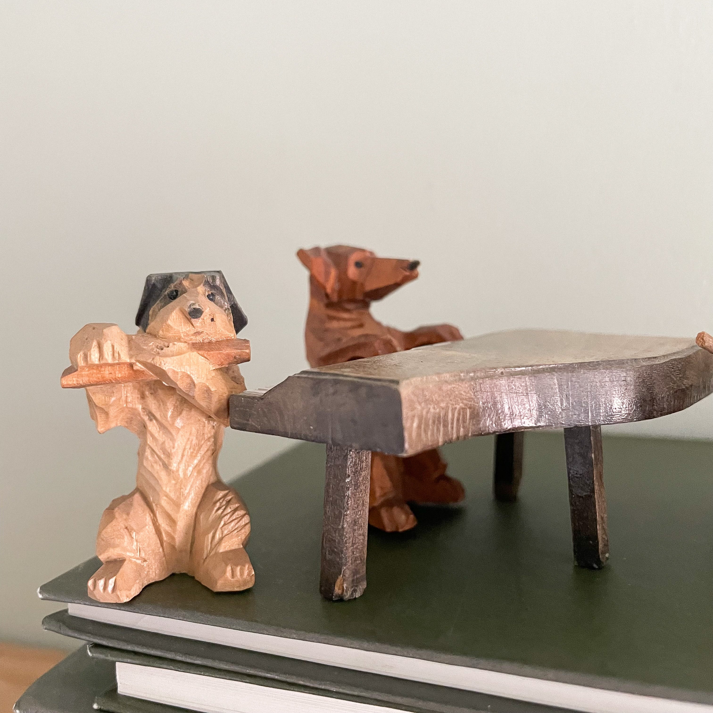 Vintage Italian hand-carved wooden musician dogs, by Anri (dachshund, bulldog, schnauzer, skye terrier) - Moppet