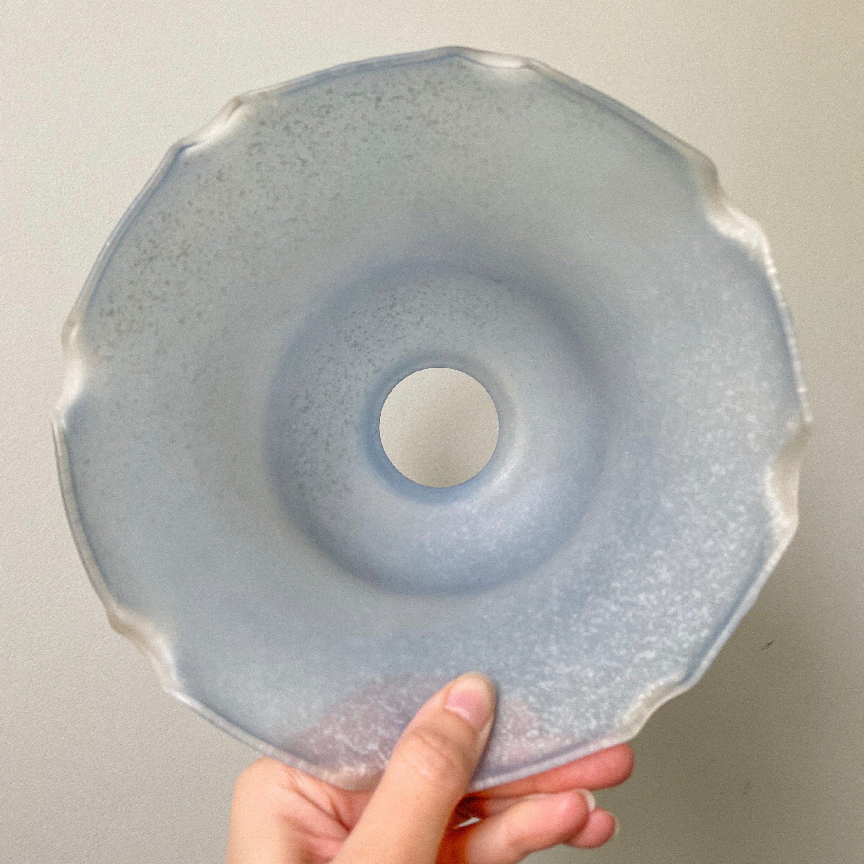 Vintage French frosted speckled glass shade with a frilly wavy edge | pale blue - Moppet