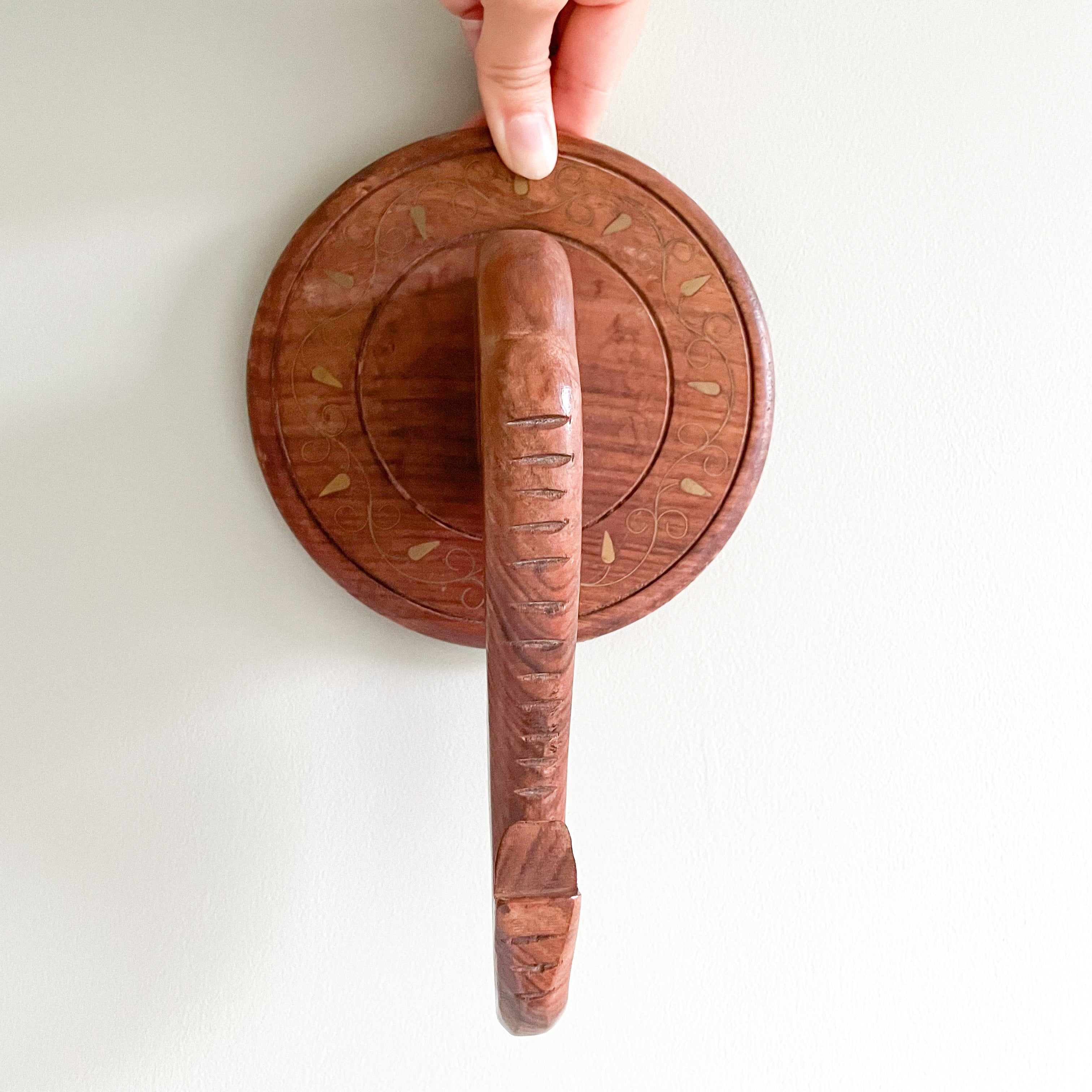 Vintage Indian wooden hand-carved elephant head hook with brass inlay – Indian wall art - Moppet