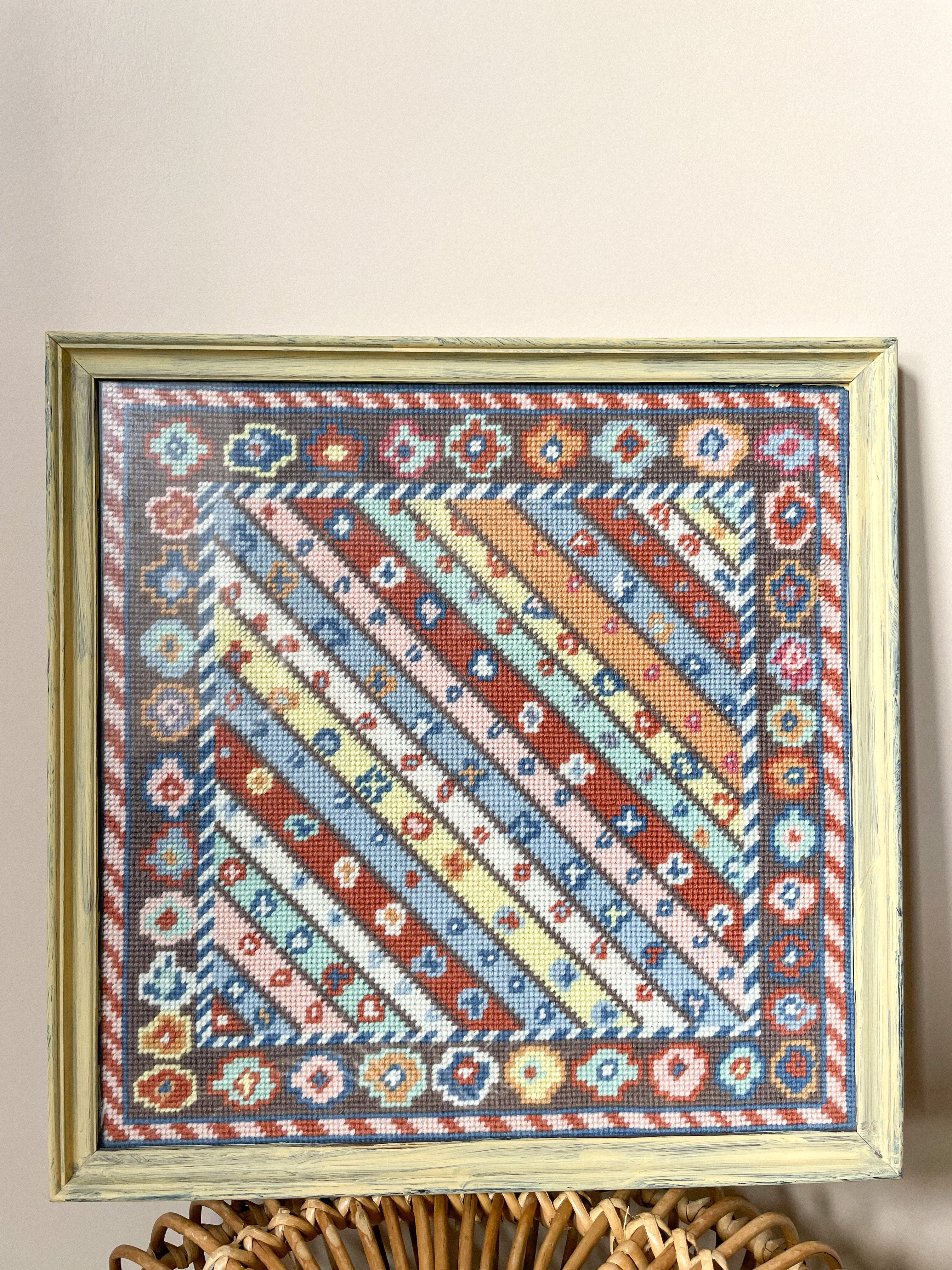 Vintage framed embroidery in Kaffe Fassett geometric diagonal striped design - Moppet