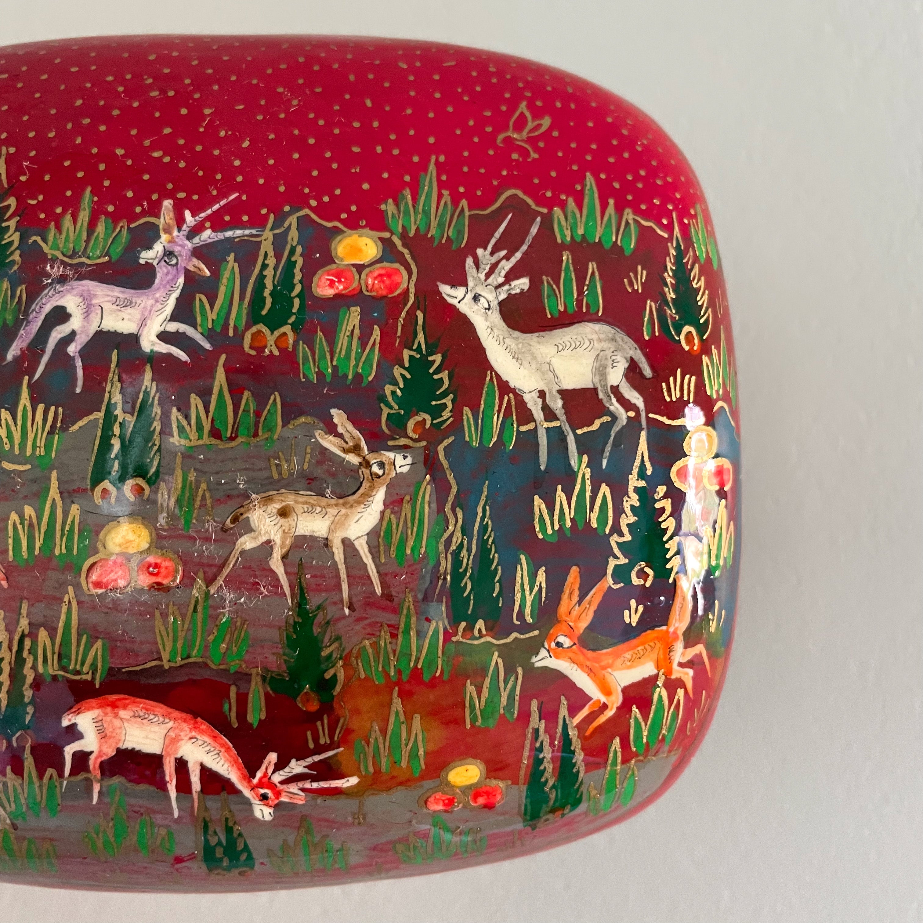 Kashmiri hand-painted folk art papier maché lacquered trinket box with jungle animals design | red - Moppet