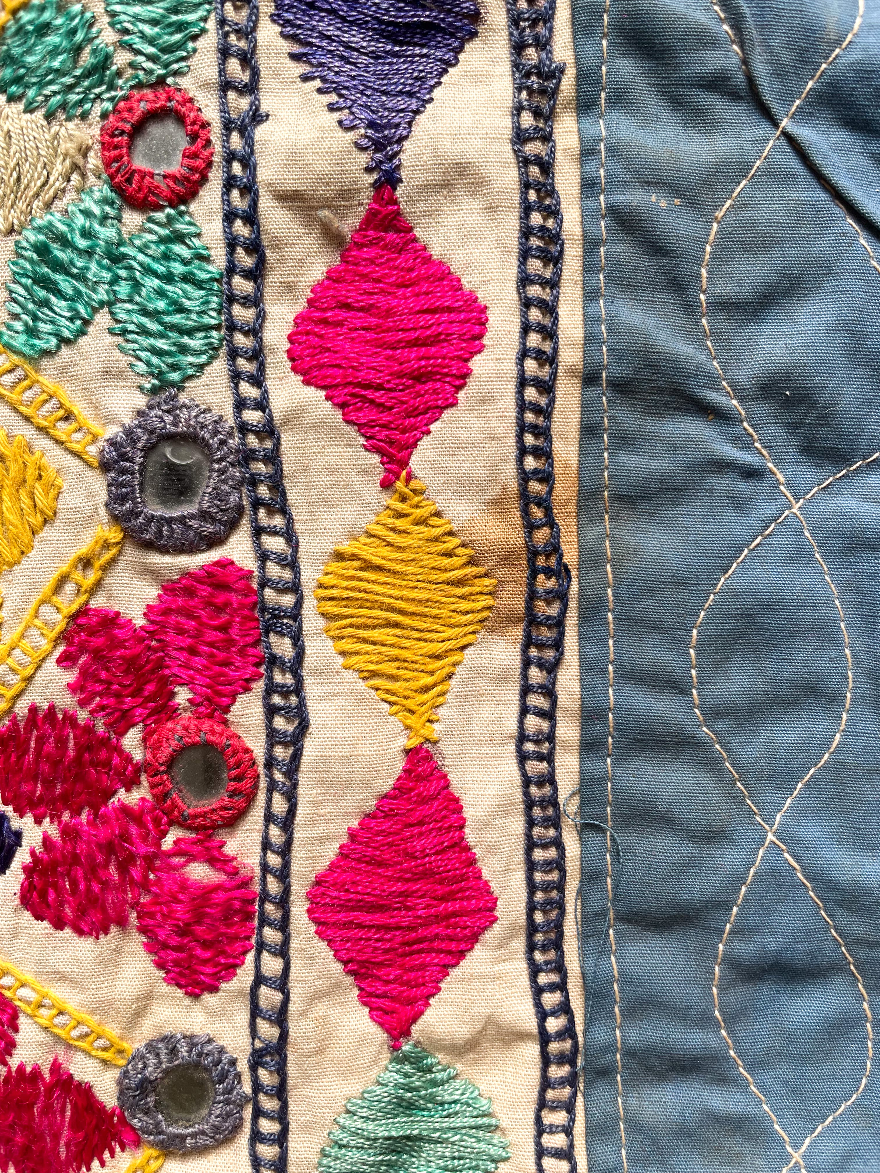 Vintage handmade Indian folk art embroidered cotton wall hanging or throw - Moppet
