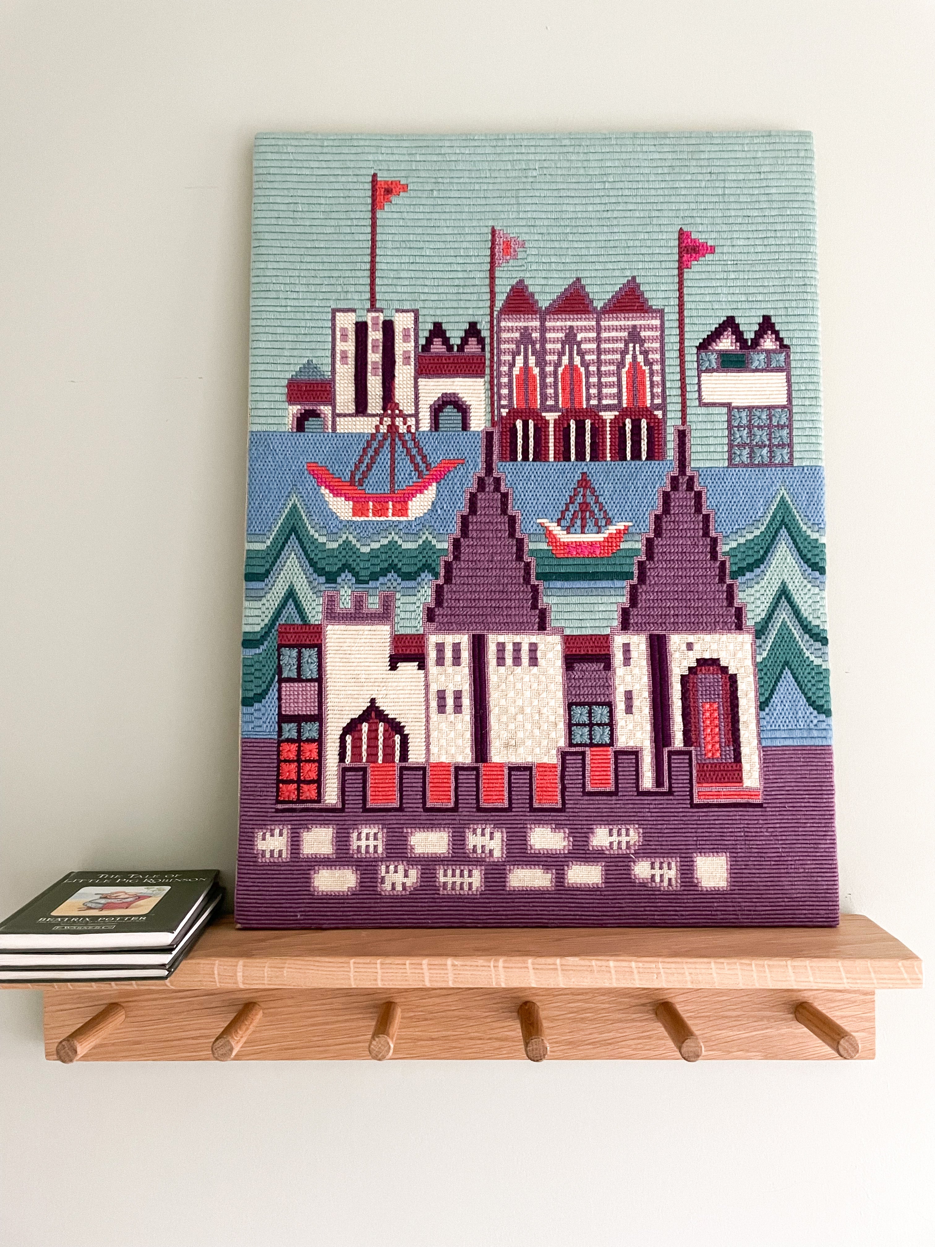 Vintage Swedish handmade woollen embroidery of ships in a harbour in lilac, blue and pink - Moppet