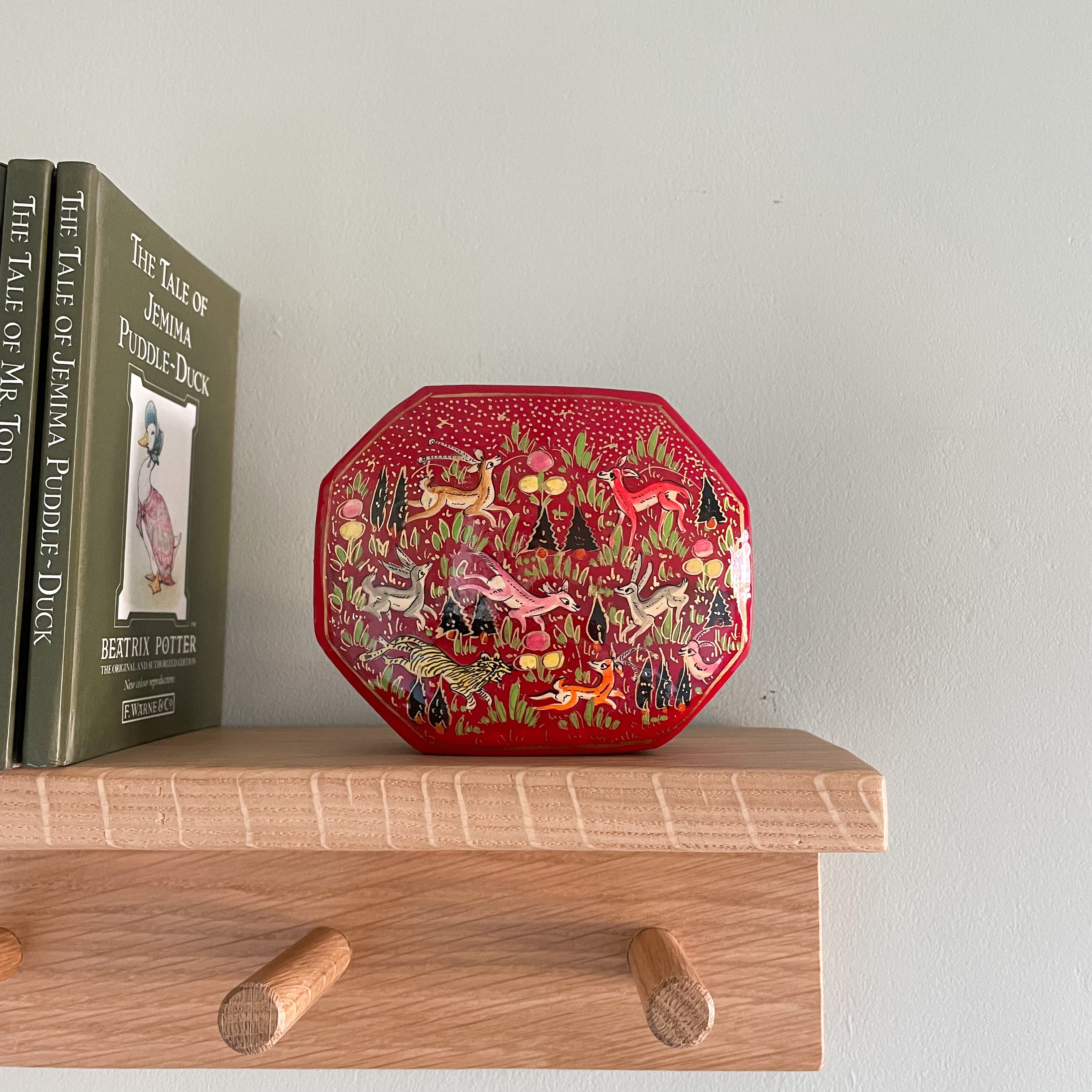 Kashmiri hand-painted folk art hexagonal papier maché lacquered trinket box with jungle animals design - Moppet