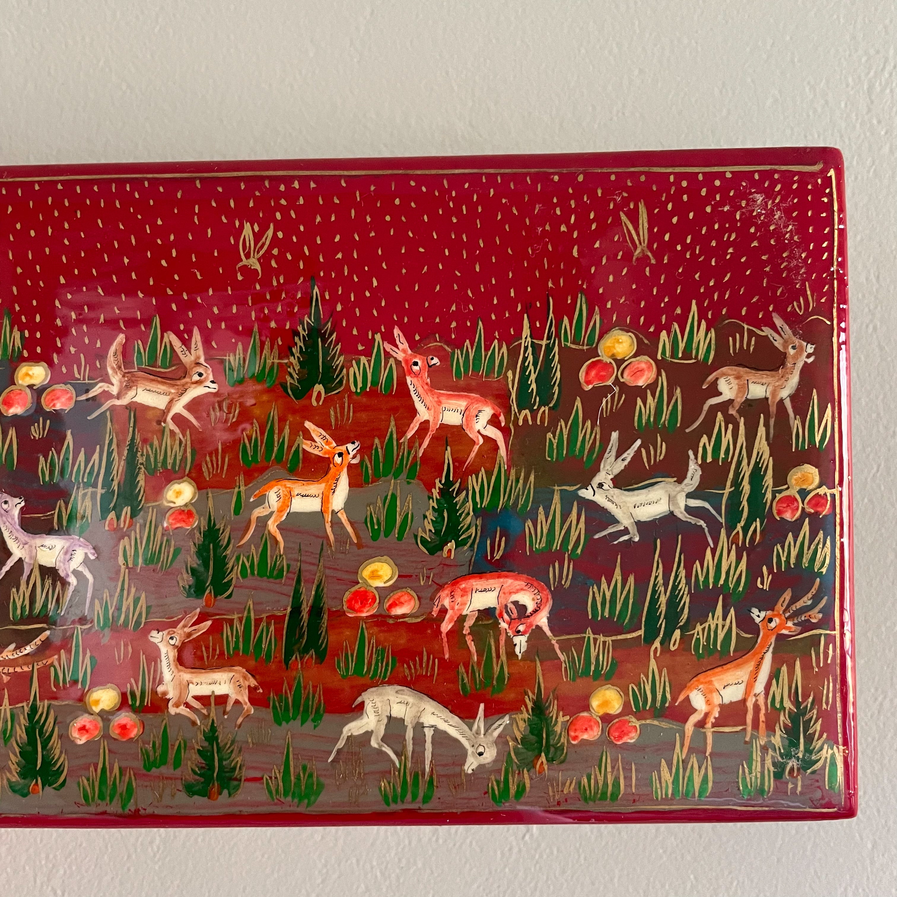 Kashmiri hand-painted folk art papier maché lacquered trinket box with jungle animals design | red - Moppet