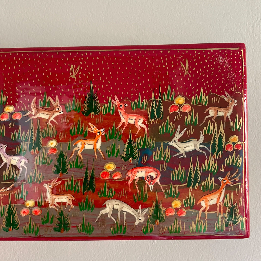 Kashmiri hand-painted folk art papier maché lacquered trinket box with jungle animals design | red - Moppet