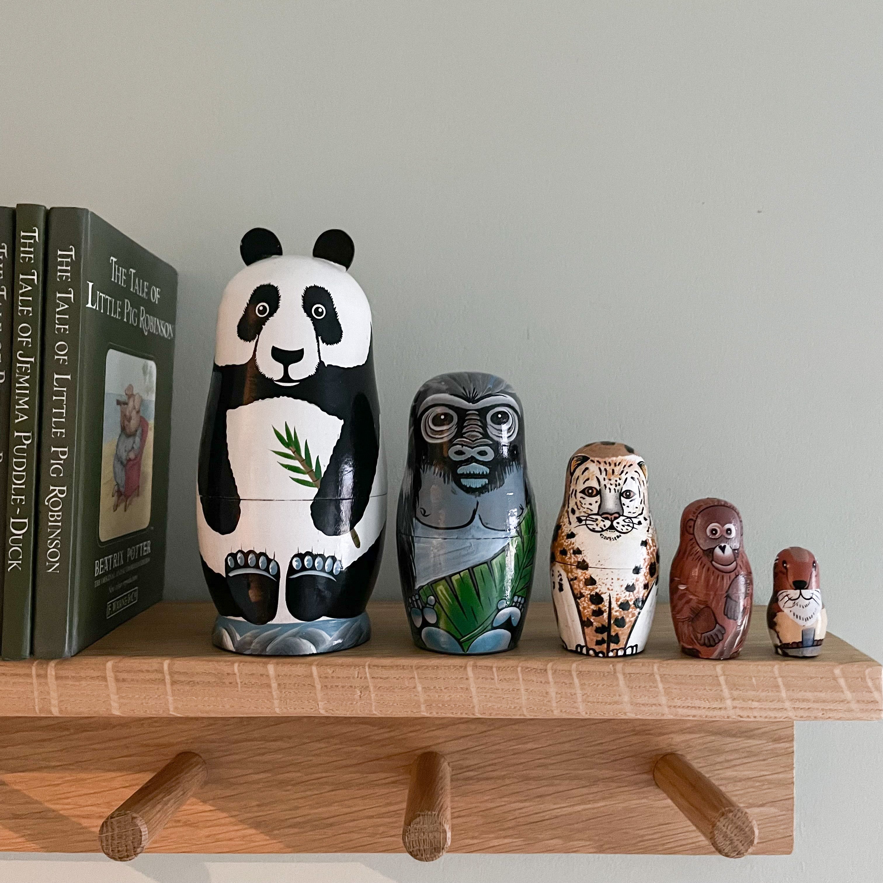 Vintage wooden nesting animal ‘Russian’ dolls: panda, gorilla, jaguar/leopard, orangutan, beaver - Moppet