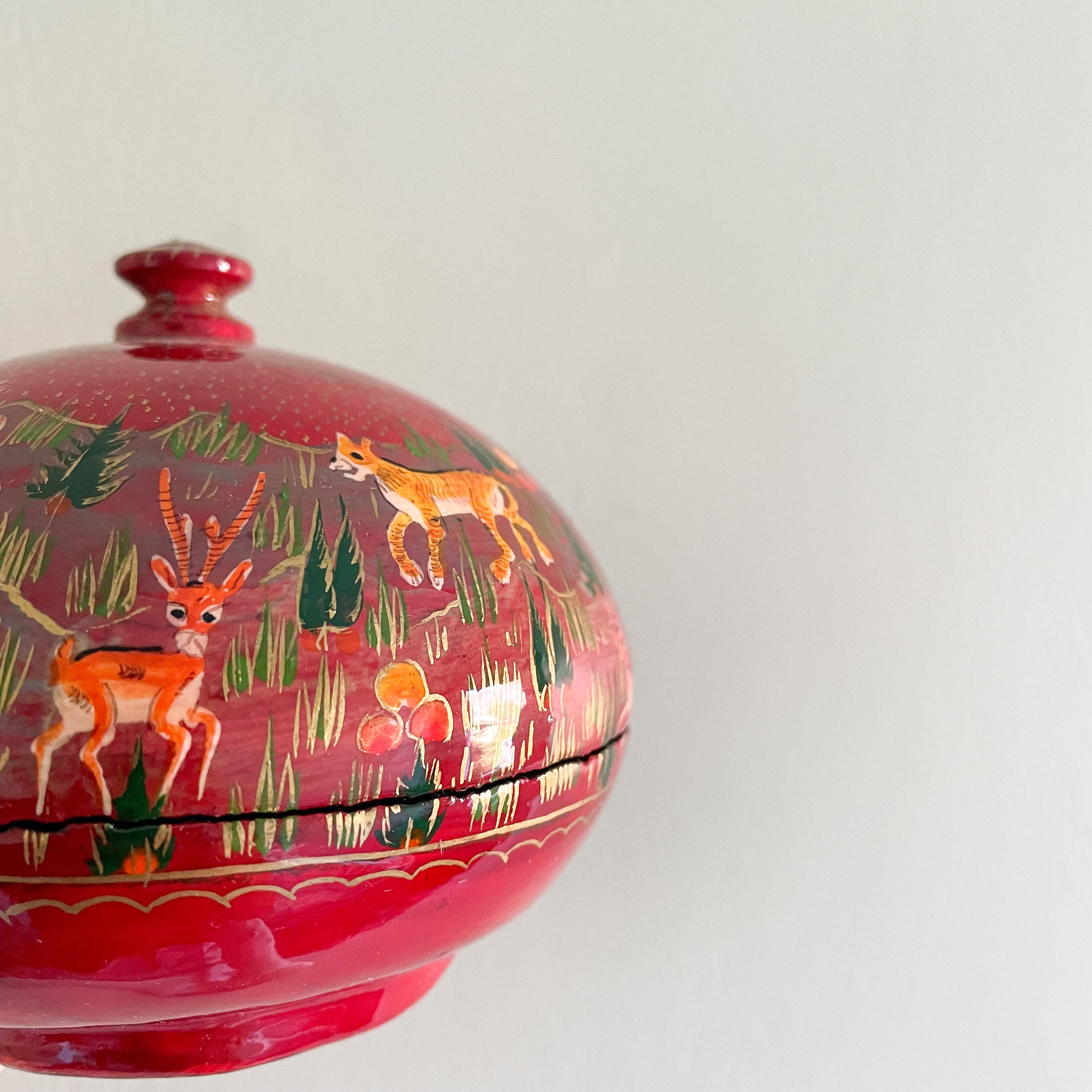 Kashmiri hand-painted folk art round papier maché lacquered trinket box with jungle animals design - Moppet