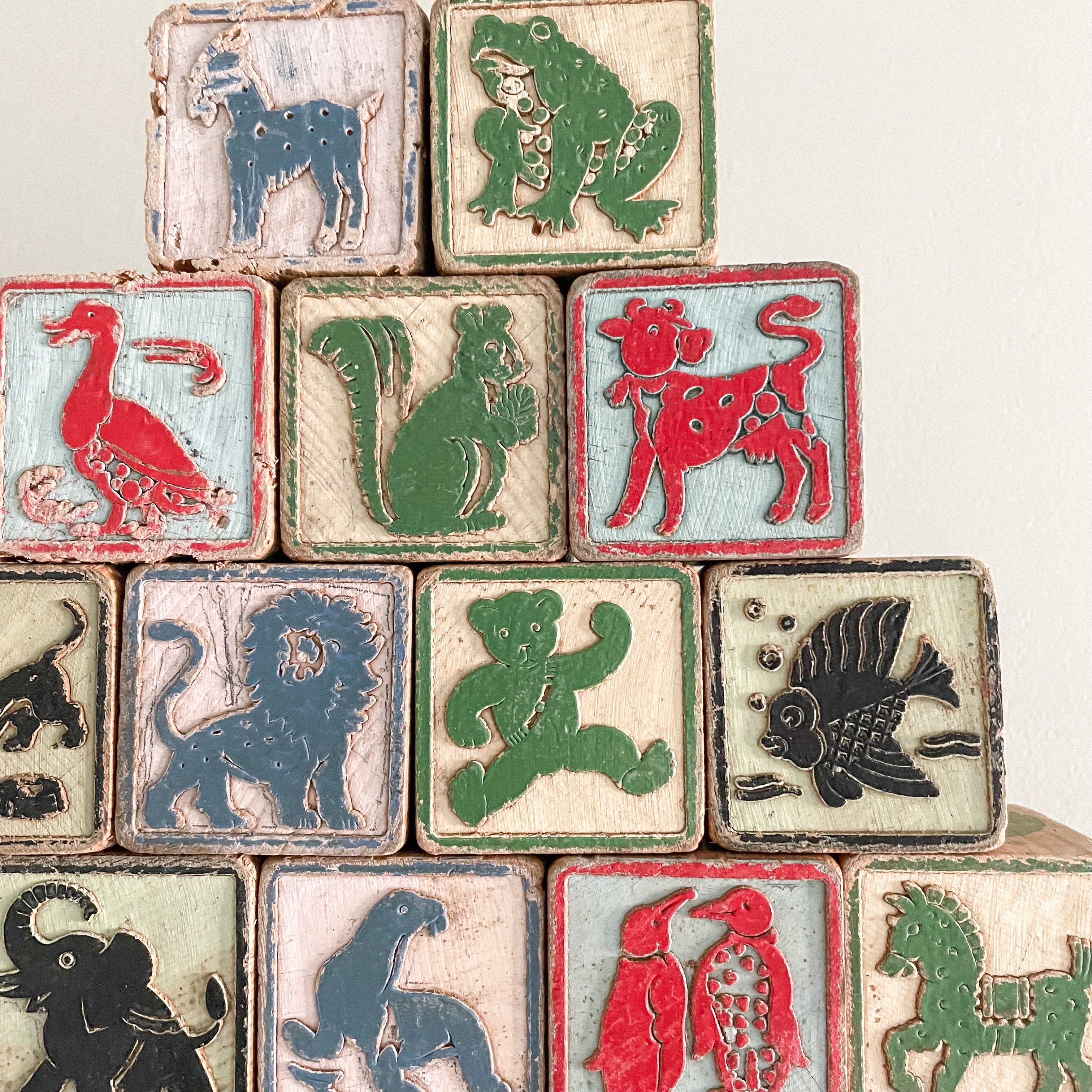 Vintage 1950s wooden stacking alphabet picture number building blocks - Moppet