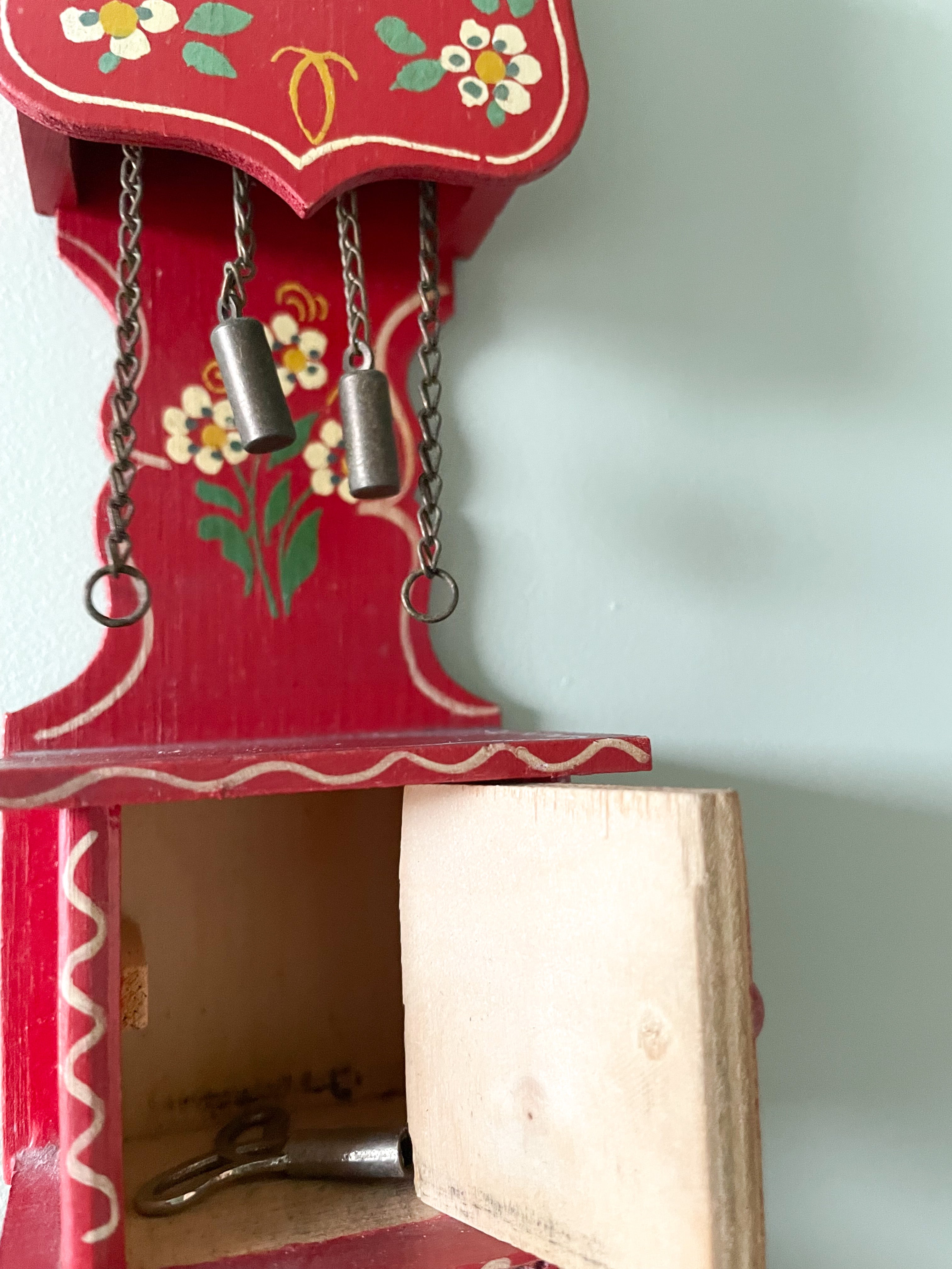 Vintage German wooden folk art miniature grandfather clock, handmade in Bavaria - Moppet