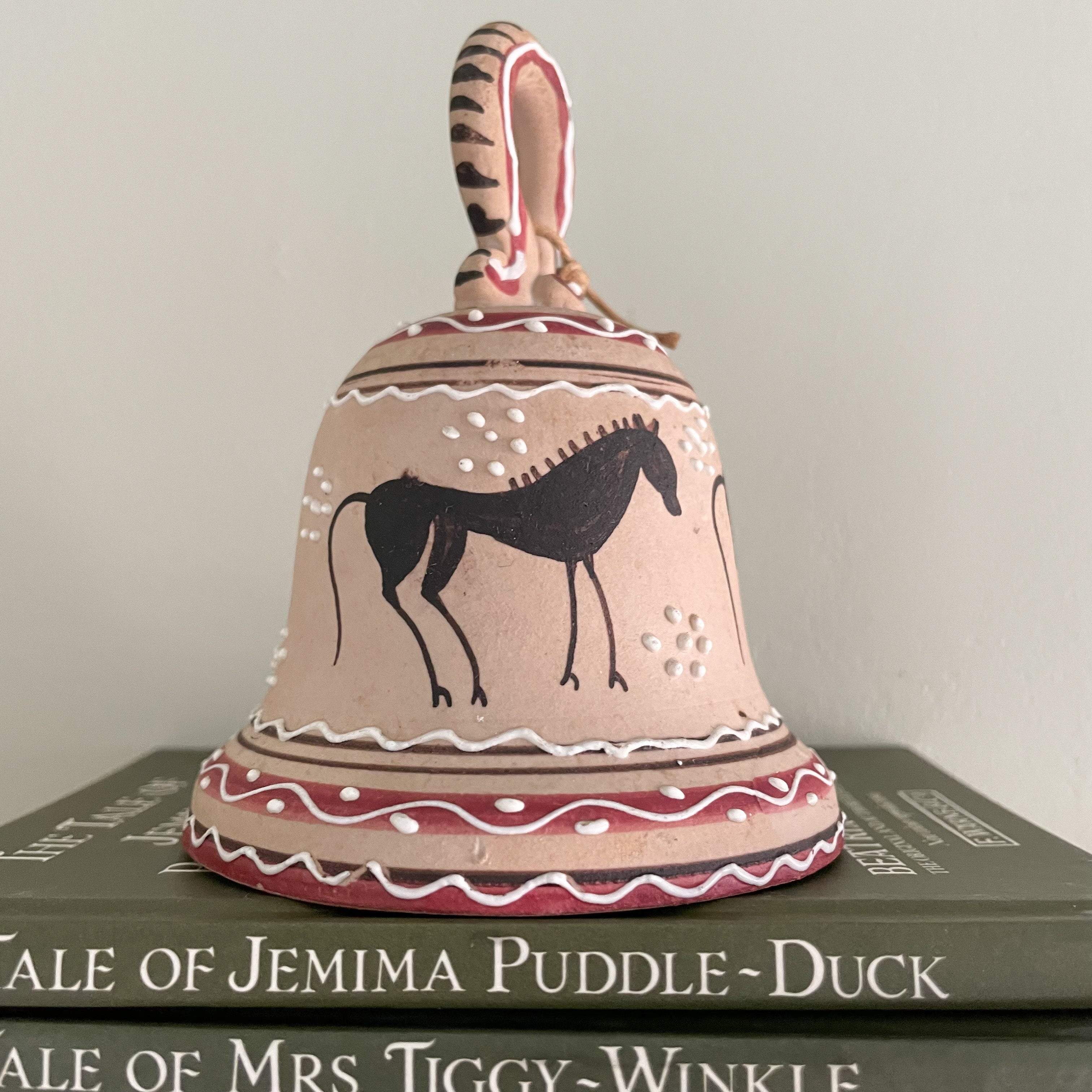 Vintage mid-century Italian handmade ceramic bell, hand painted bisqueware with Etruscan horse motif - Moppet