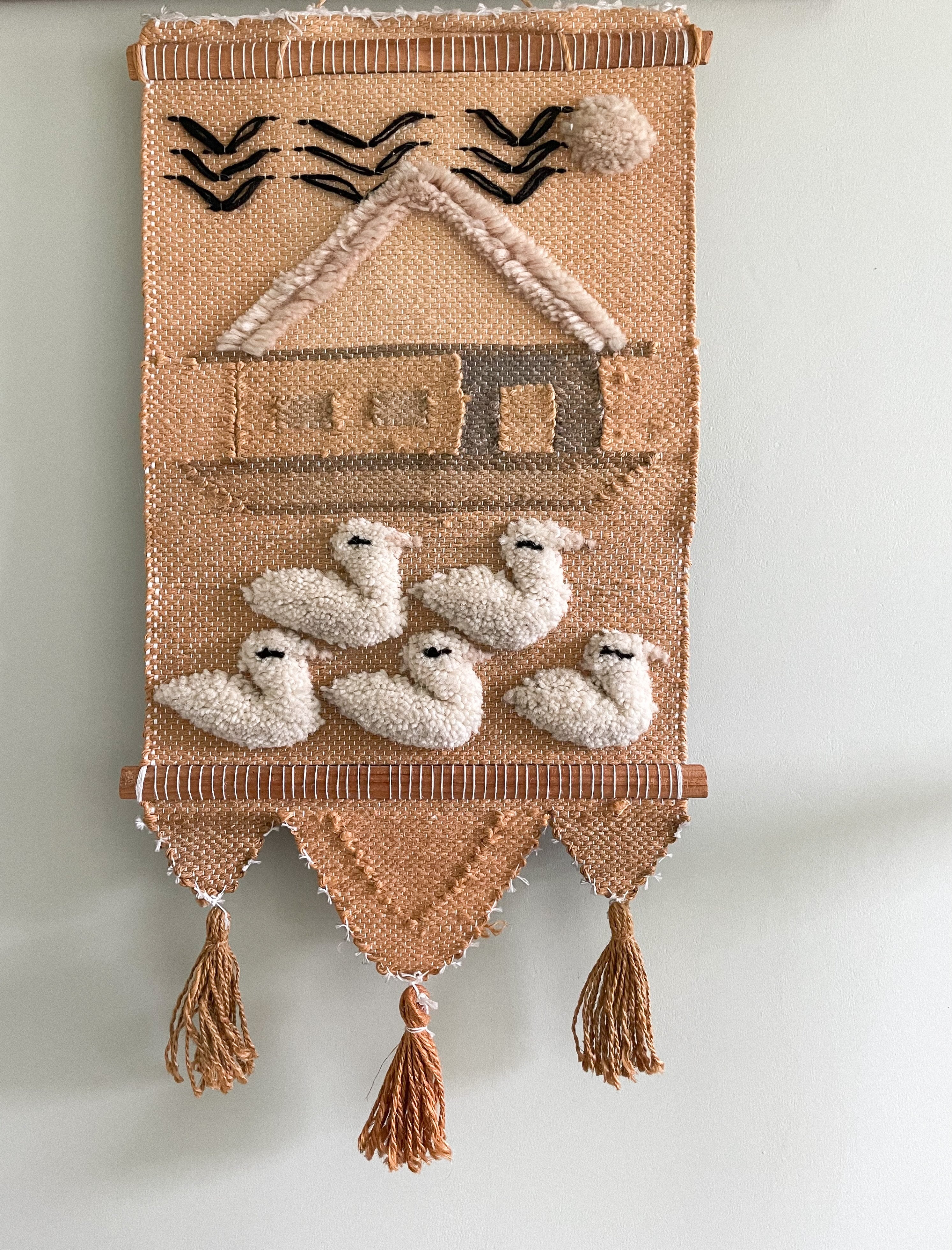 Vintage hand-woven Peruvian folk art wall hanging tapestry of a ducks and a house boat, neutral - Moppet