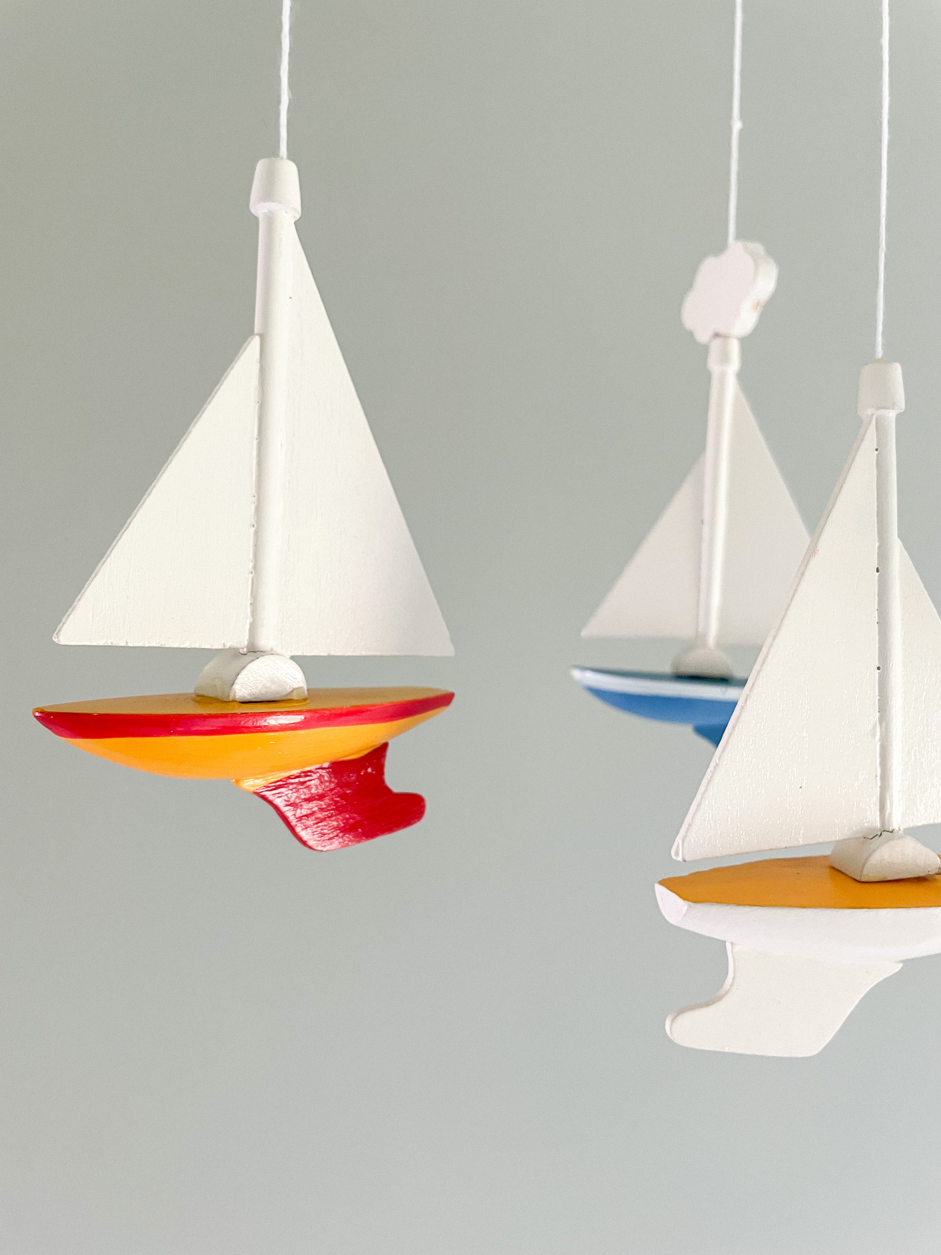 Vintage wooden mobile featuring rainbow, lighthouse and sailing boats/yachts - Moppet