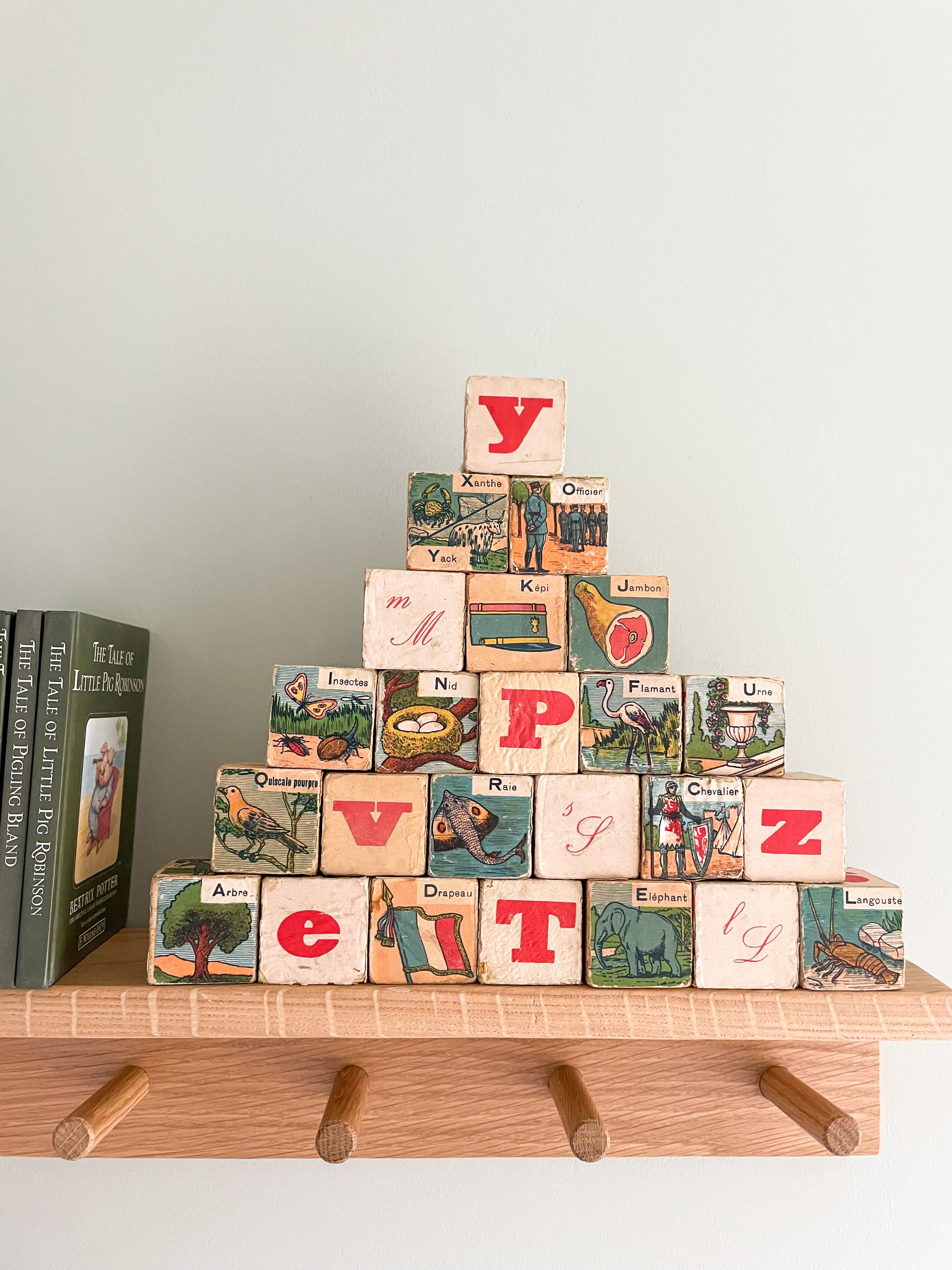 Vintage French wooden stacking alphabet picture building blocks - Moppet
