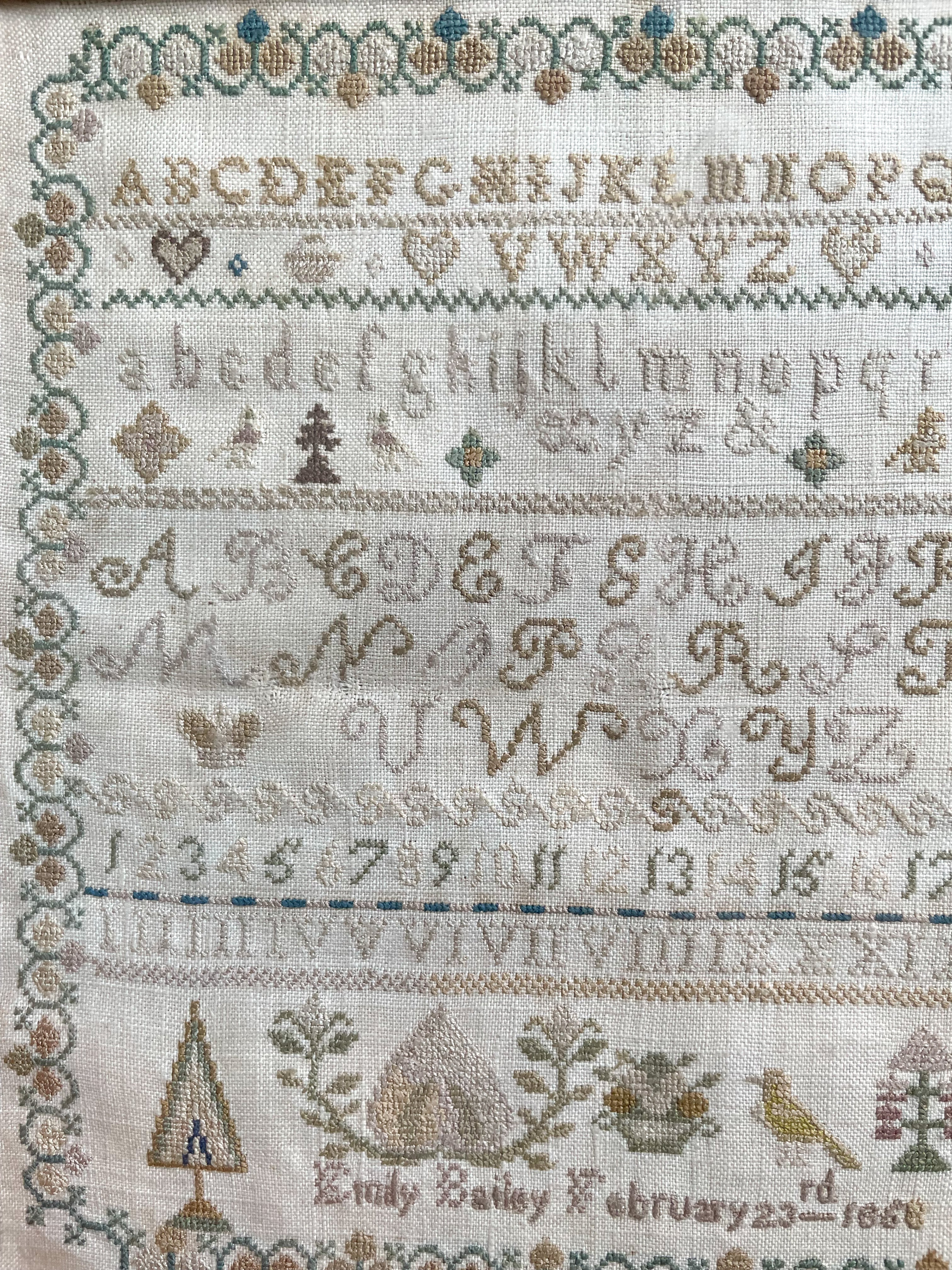 Antique 19th Century framed alphabet cross stitch embroidery sampler - Moppet
