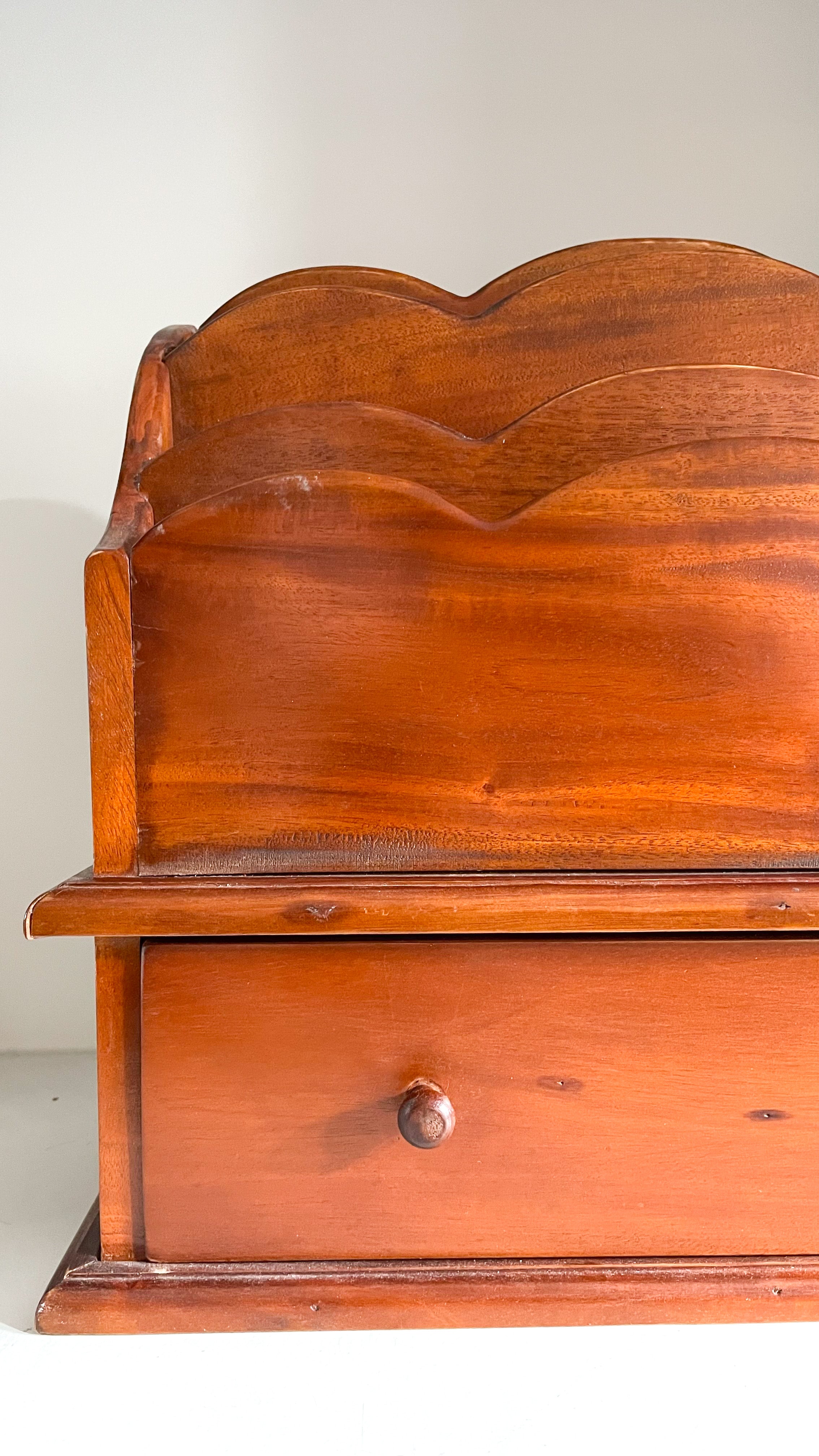 Large vintage wooden scalloped letter rack desk tidy with drawer - Moppet