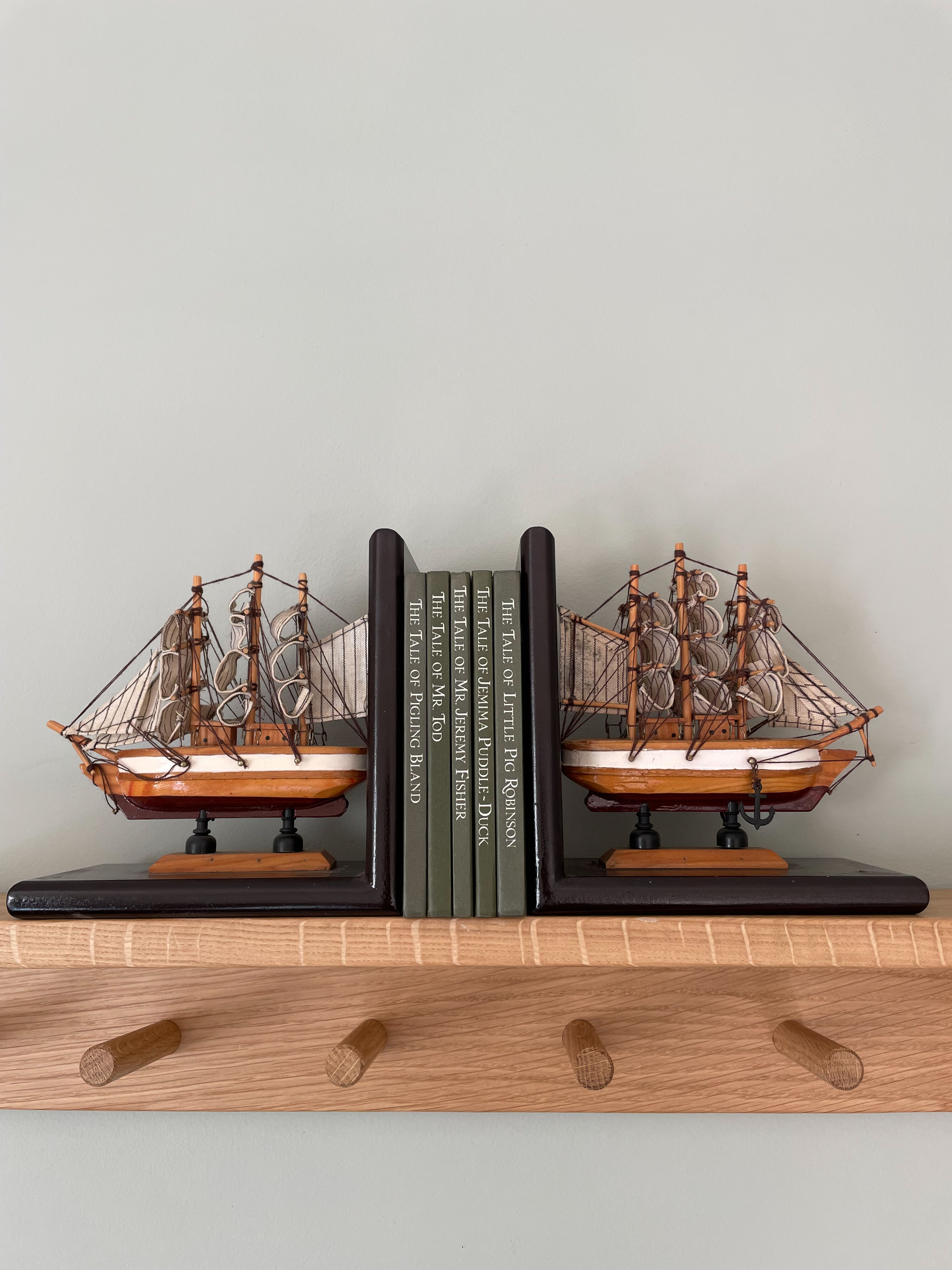 Pair of vintage wooden model sailing ship bookends - Moppet