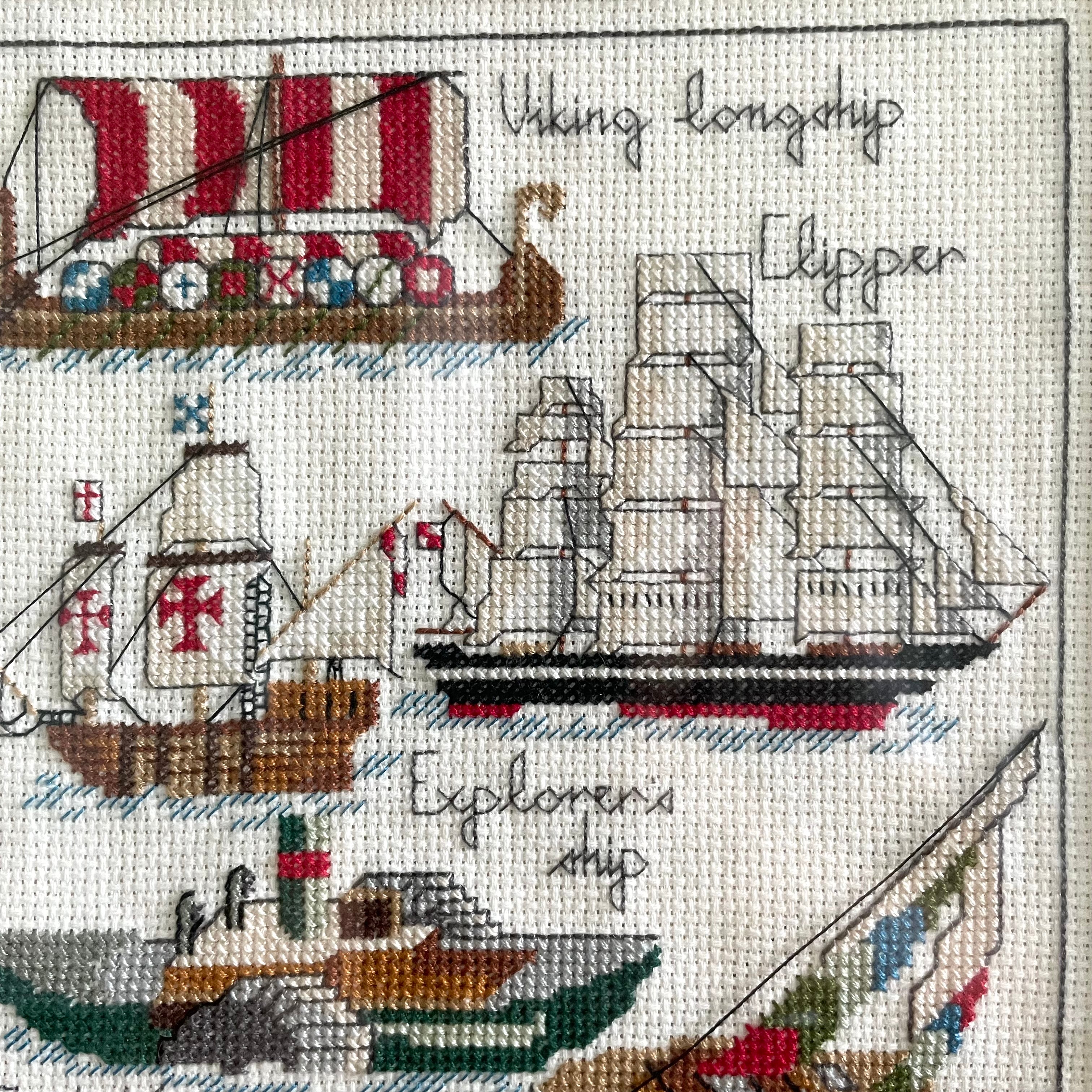 Vintage framed cross stitch of a collection of ships - Moppet