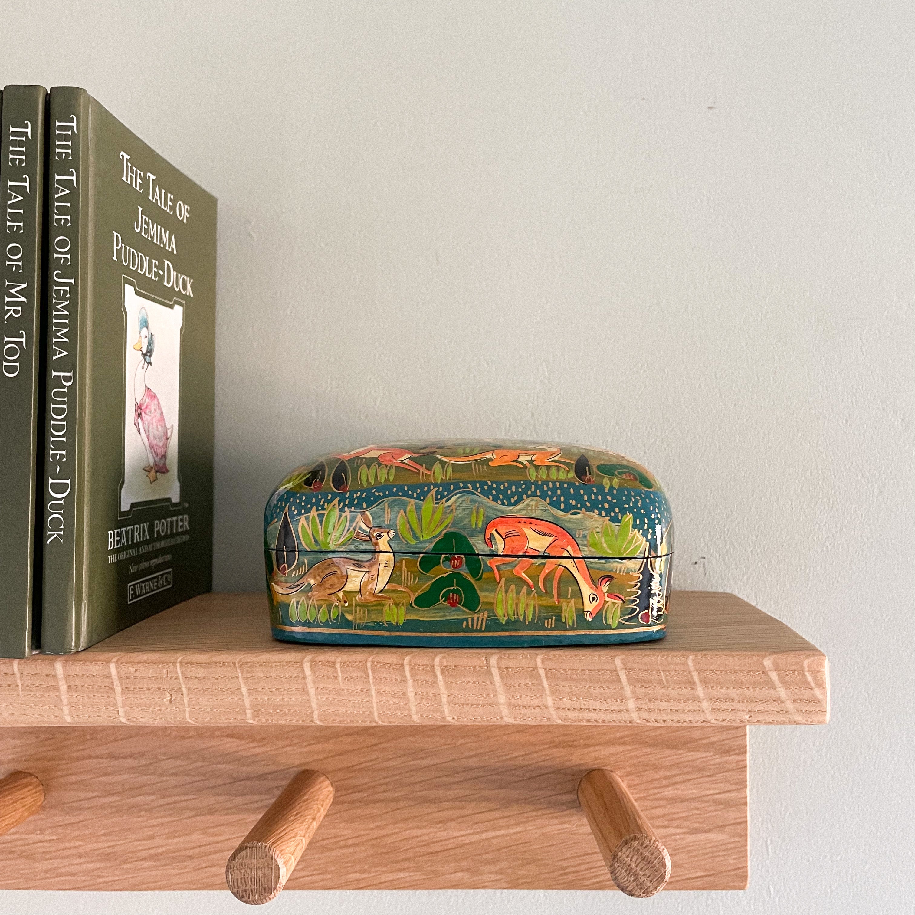 Kashmiri hand-painted folk art papier maché lacquered trinket box with jungle animals design | large animals - Moppet