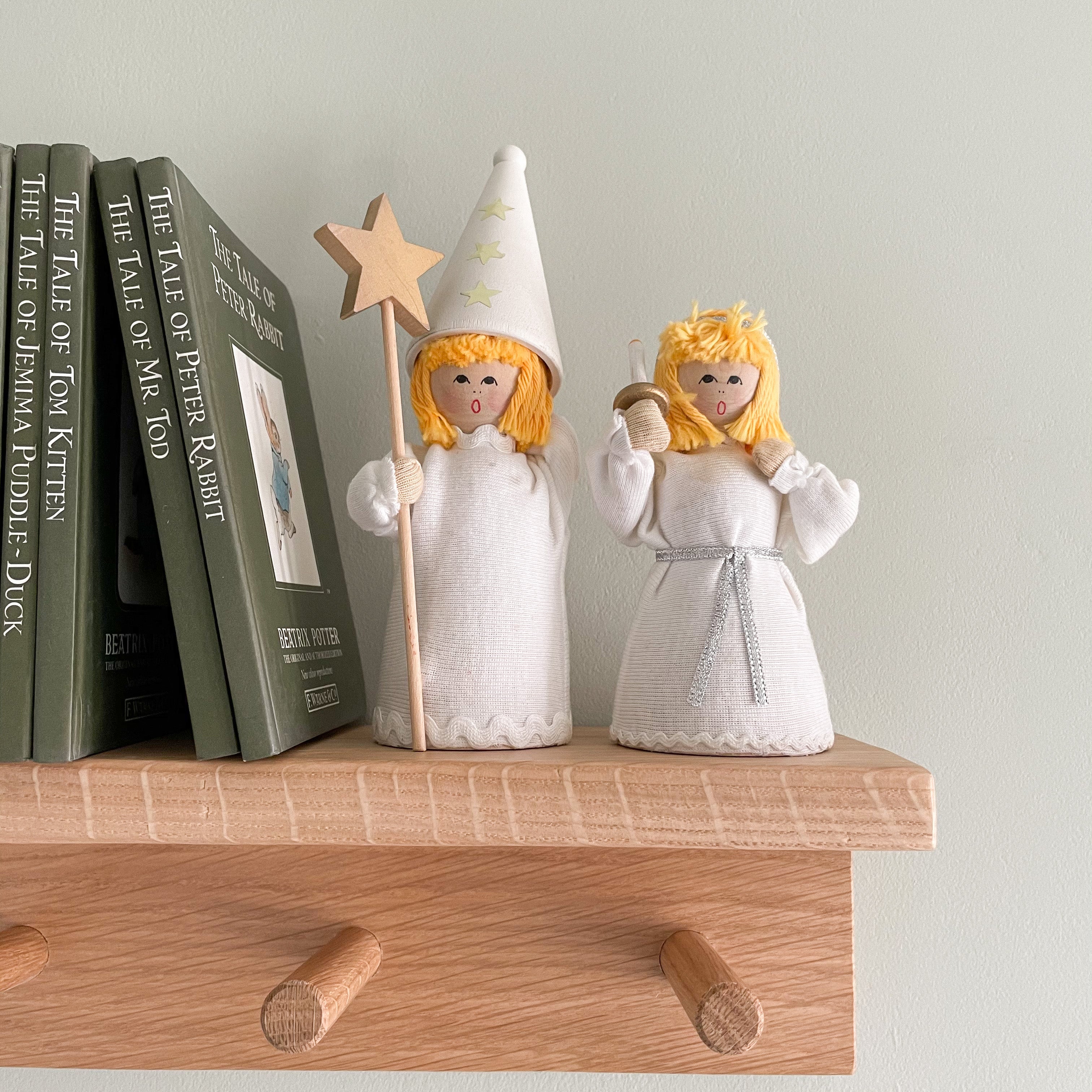 Pair of vintage Swedish handmade wooden Christmas angel decorations - Moppet