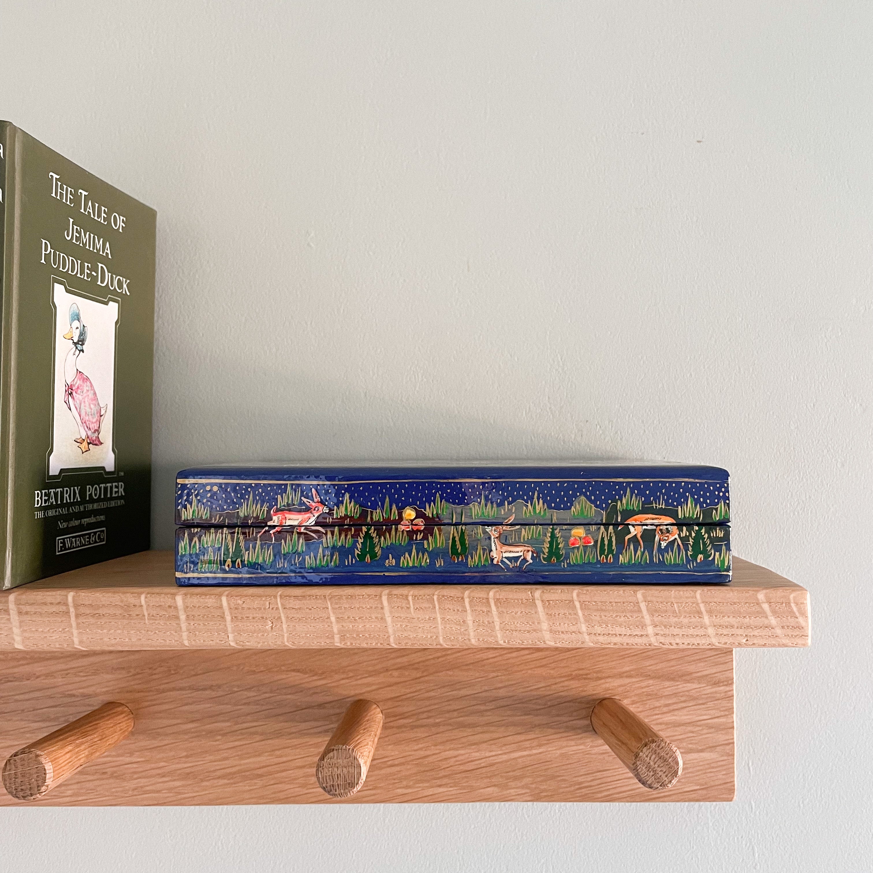 Kashmiri hand-painted folk art papier maché lacquered trinket box with jungle animals design | blue - Moppet