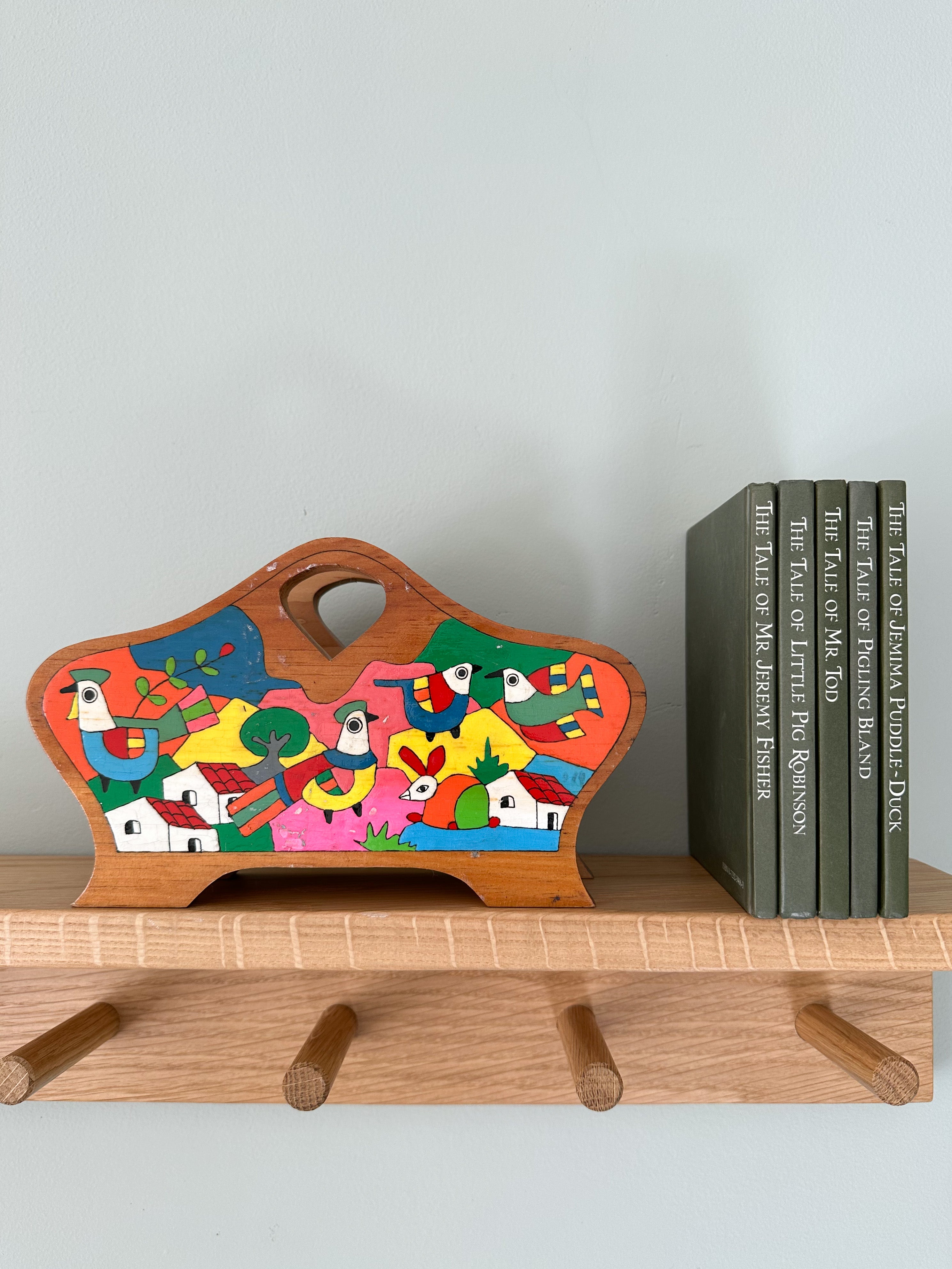 Vintage El Salvadorian wooden letter rack / desk tidy with hand-painted animal design - Moppet