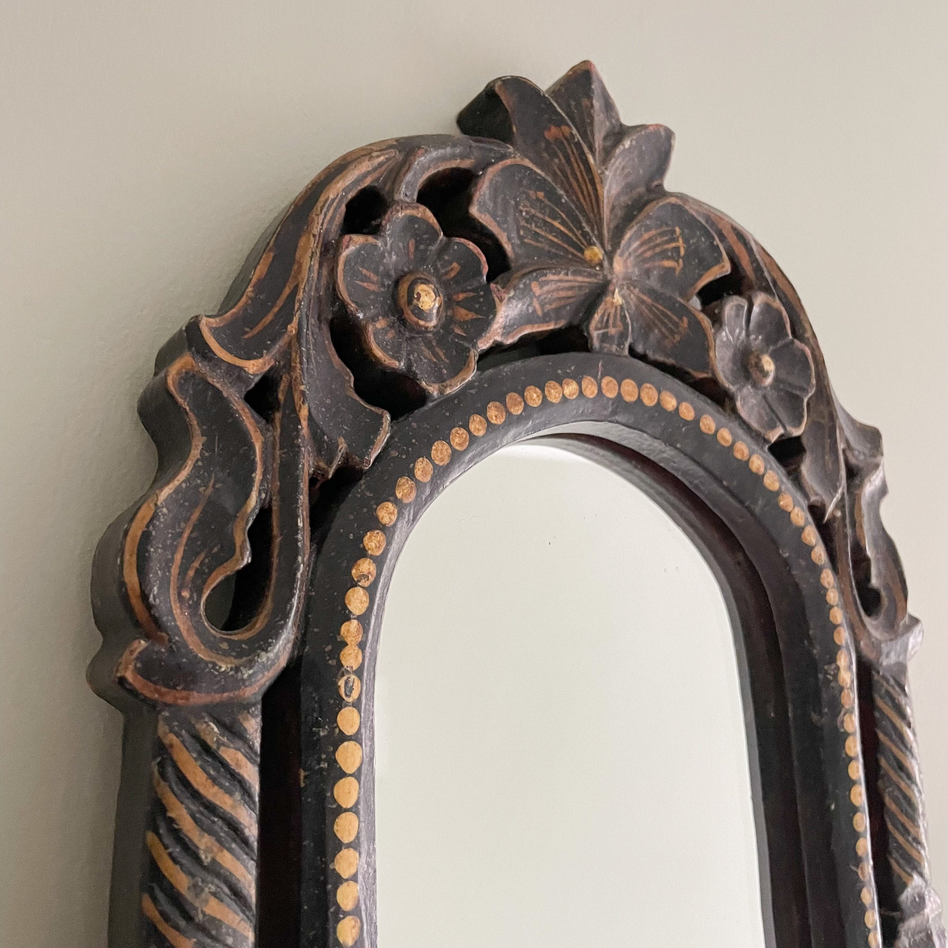 Vintage hand-carved ebonised wooden mirror black with hand-painted gold detail - Moppet