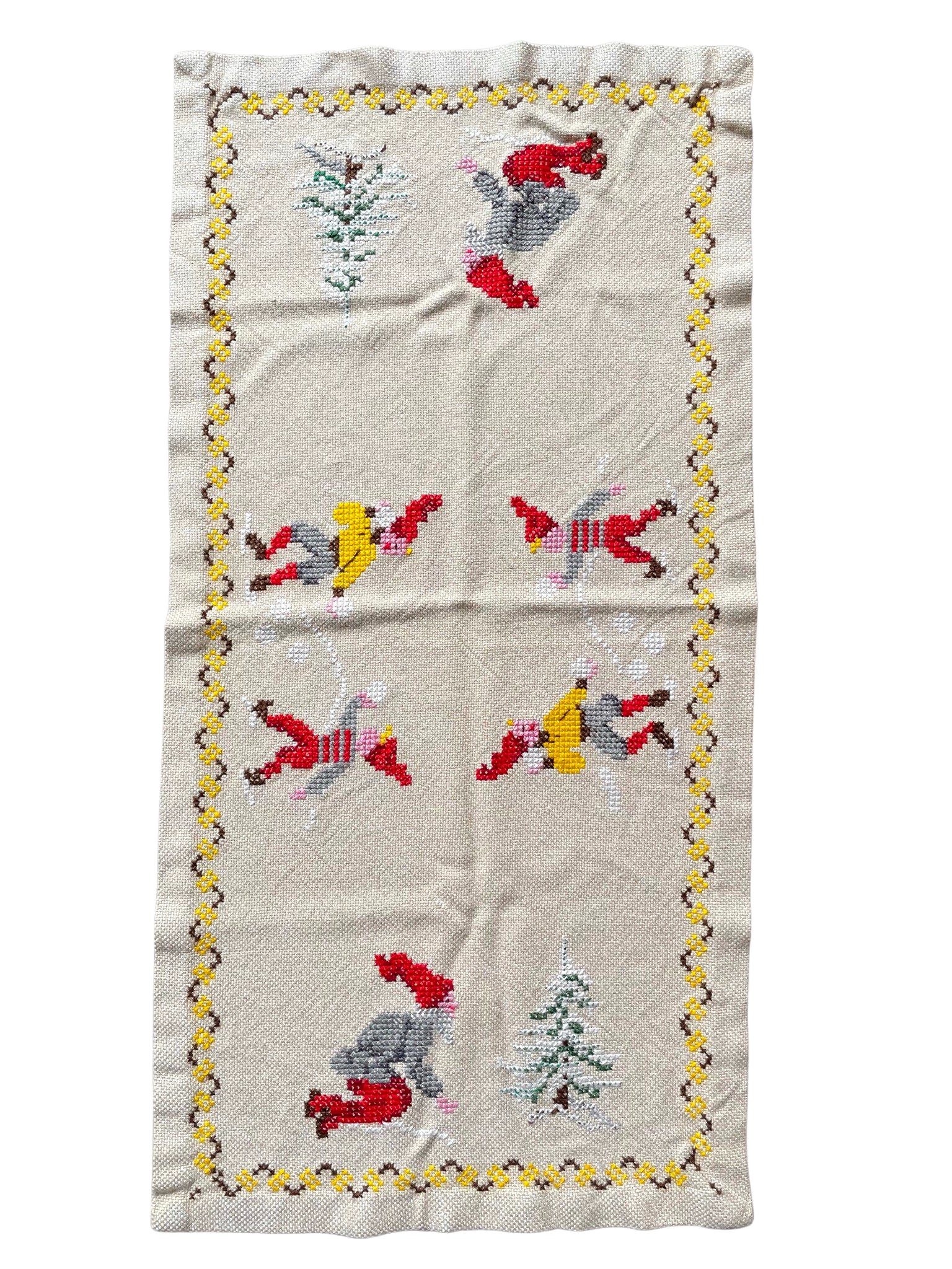 Vintage midcentury Swedish Christmas hand-embroidered table cloth or runner featuring elves having a snowball fight - Moppet