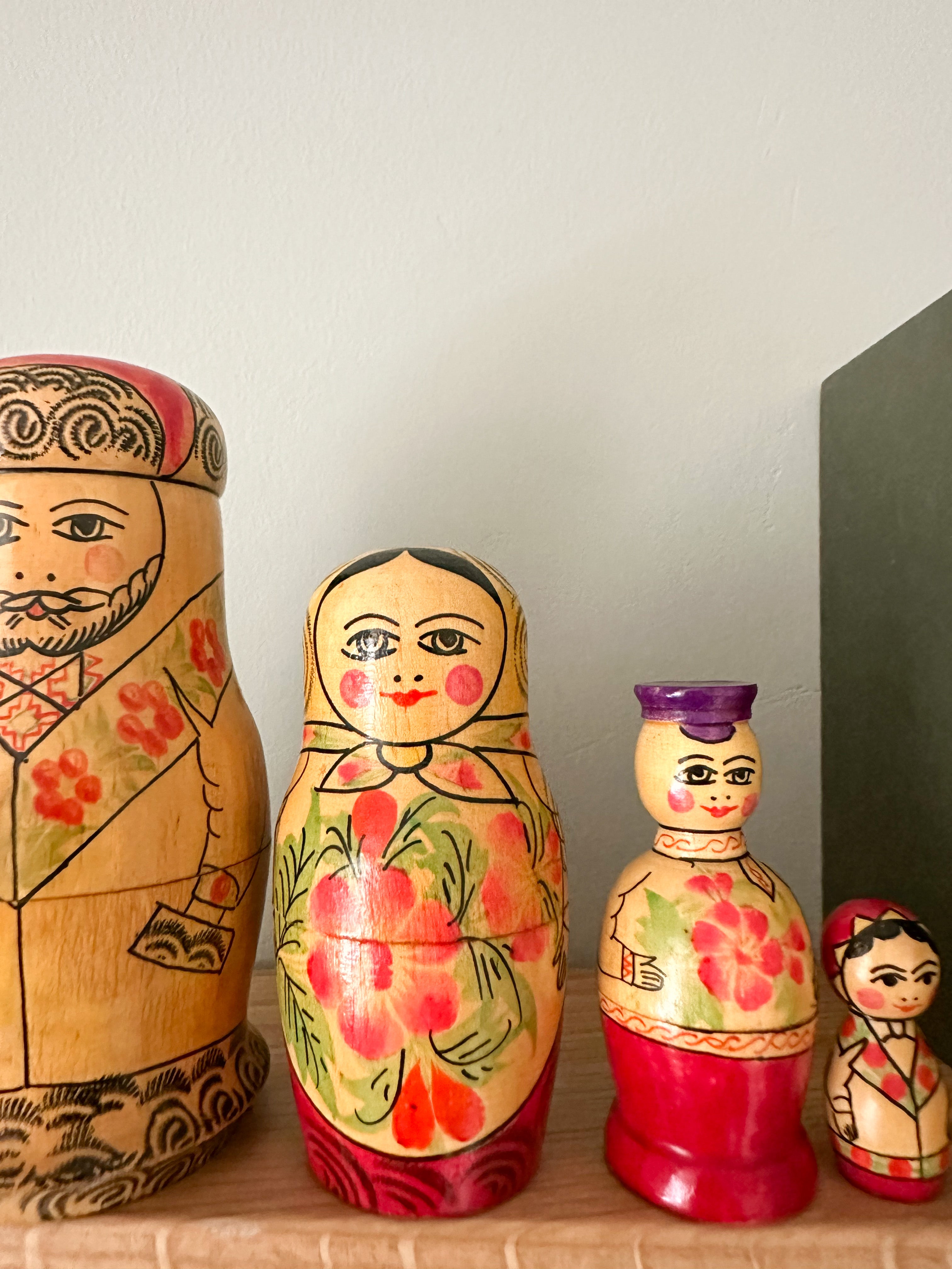 Vintage unusual wooden family nesting Russian Matryoshka dolls - Moppet