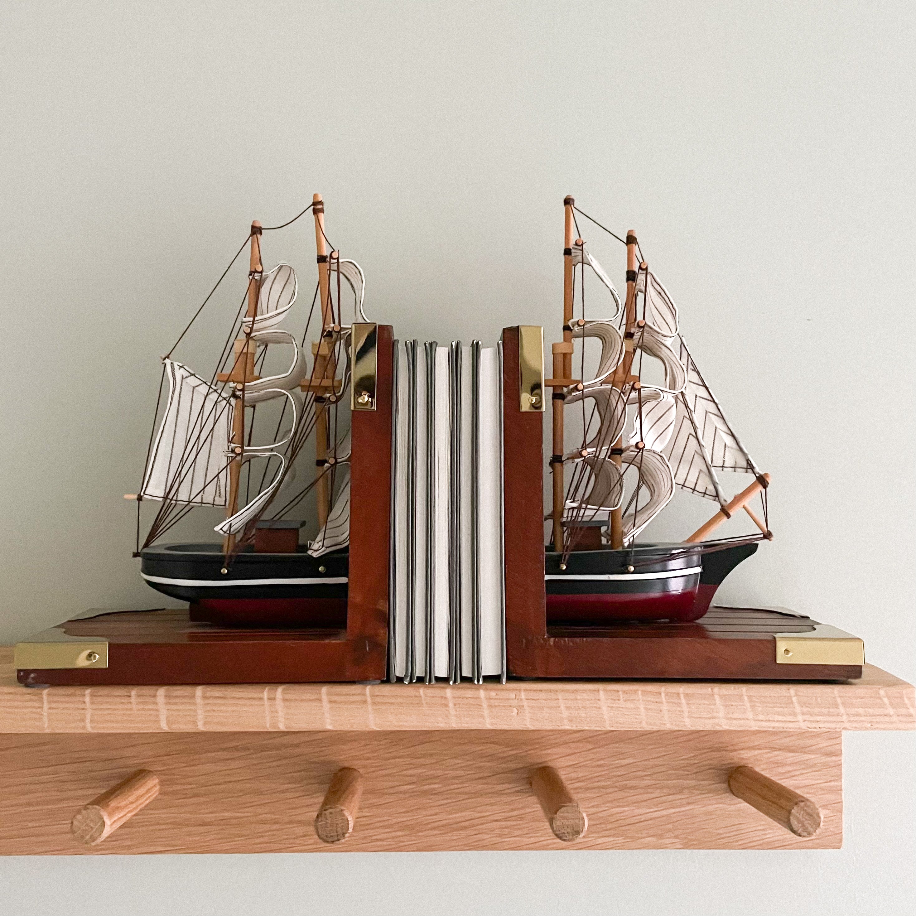 Pair of vintage wooden model sailing ship bookends - Moppet
