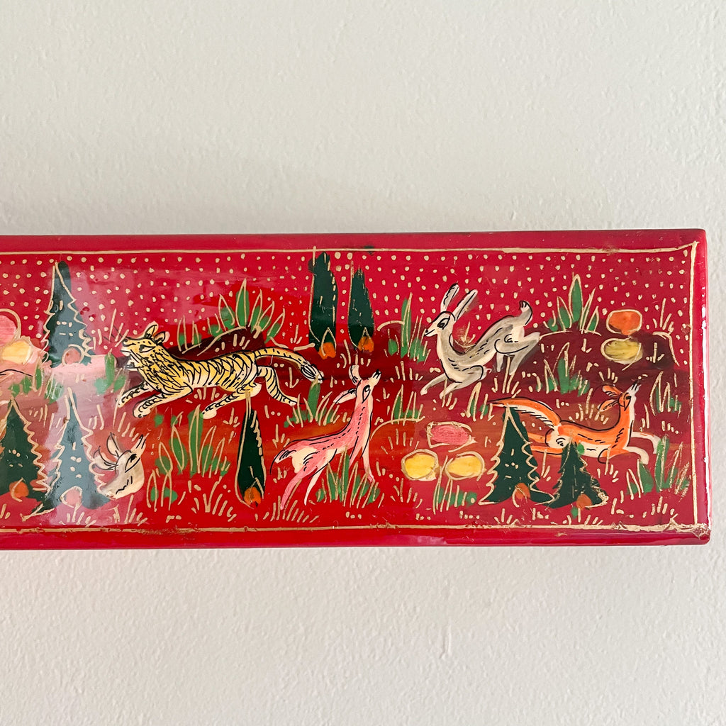 Kashmiri hand-painted folk art papier maché lacquered trinket box or pencil box with jungle animals design - Moppet