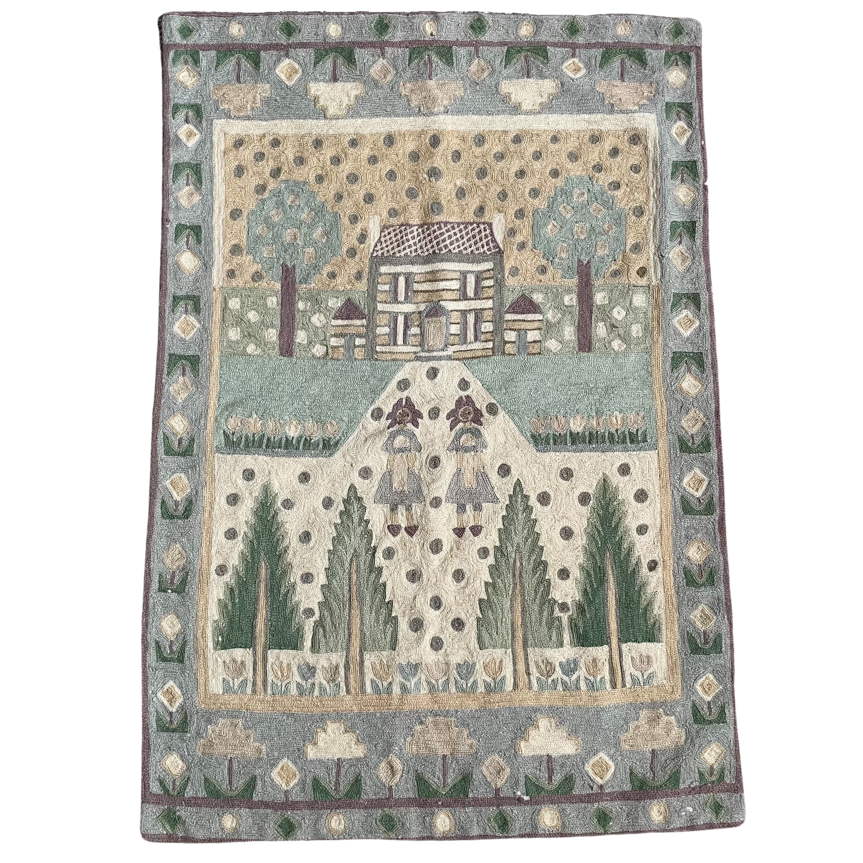 Vintage hand-embroidered crewel wall hanging of two people, a house and a garden - Moppet