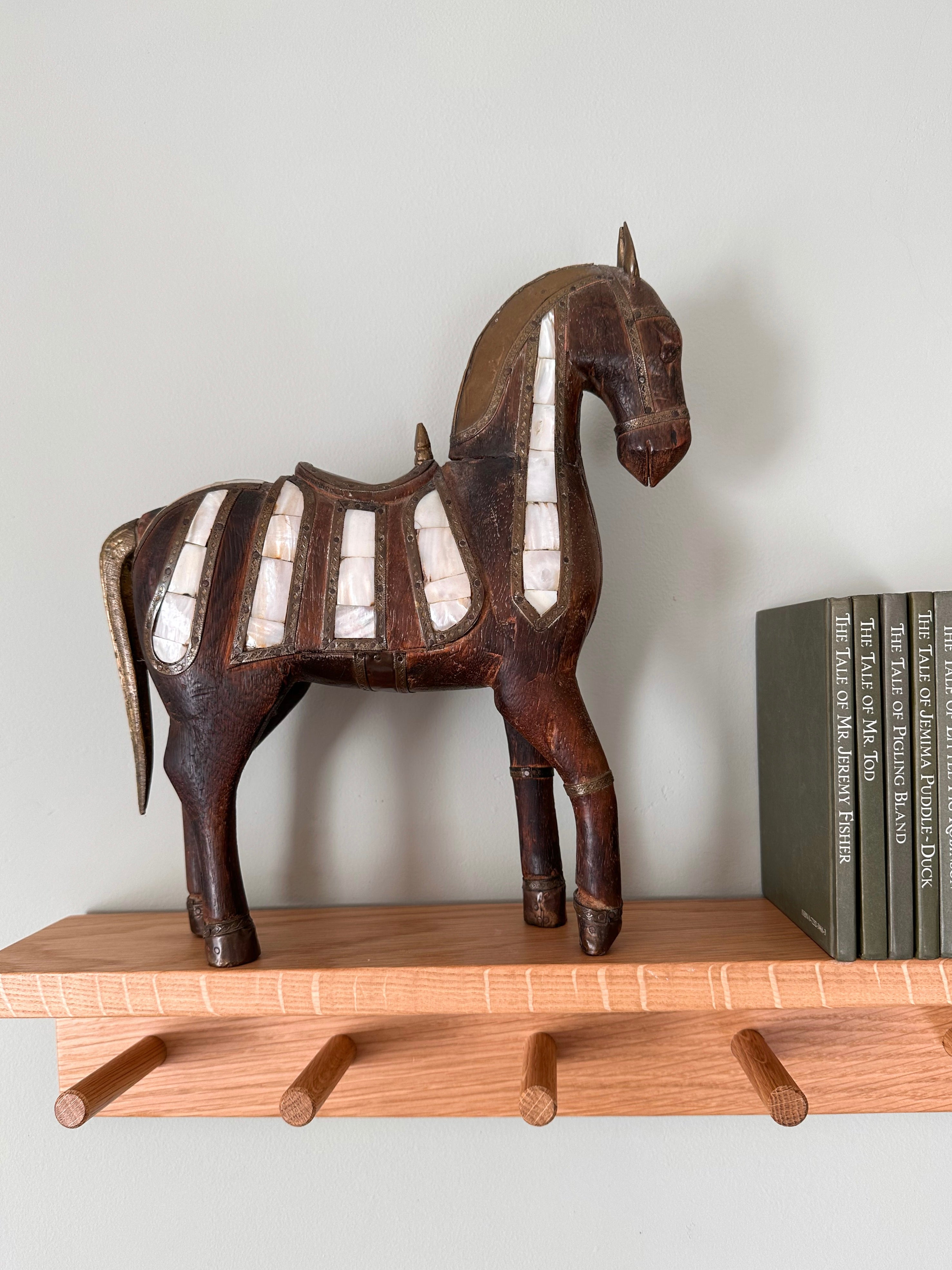 Vintage wooden folk art mother-of-pearl and brass inlay horse - Moppet