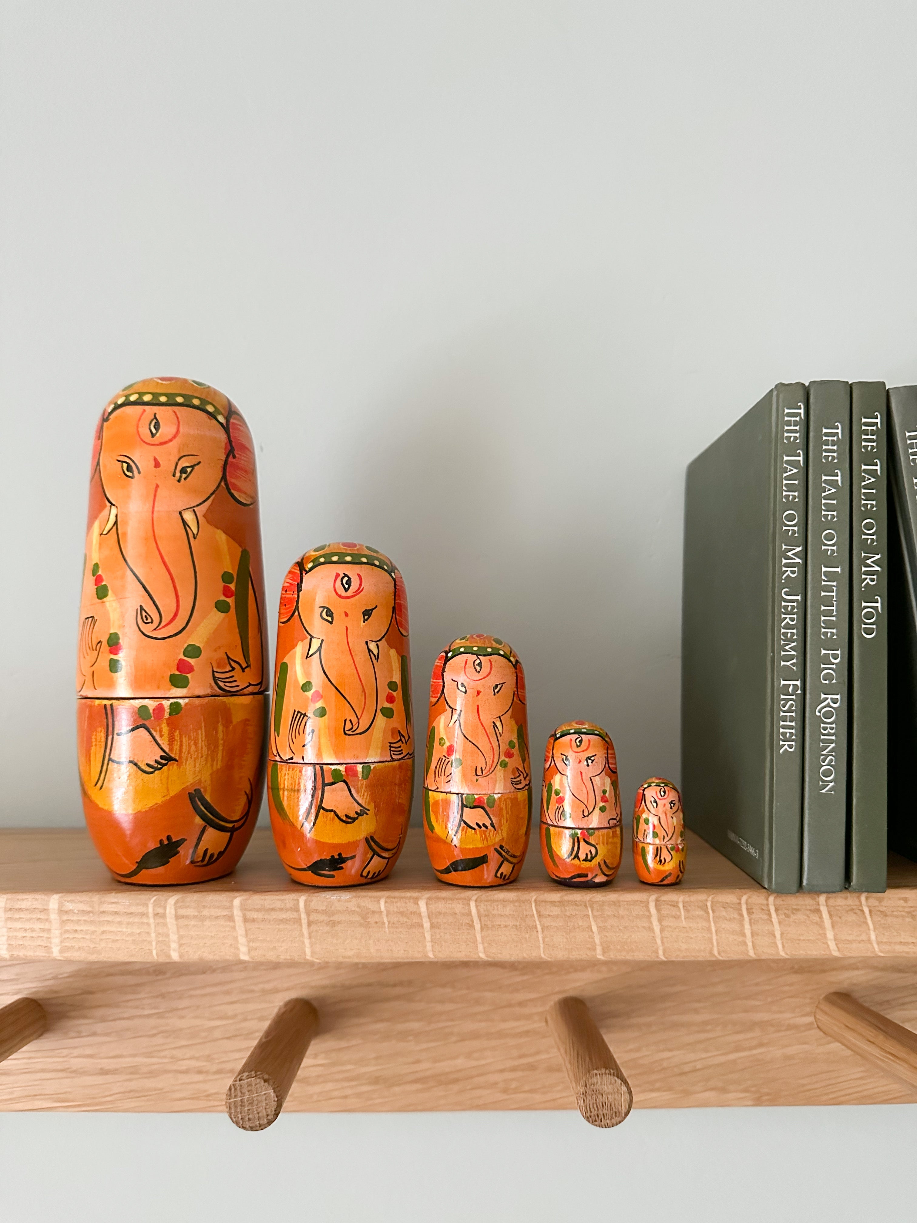 Vintage unusual wooden Ganesha elephant nesting Russian Matryoshka dolls - Moppet