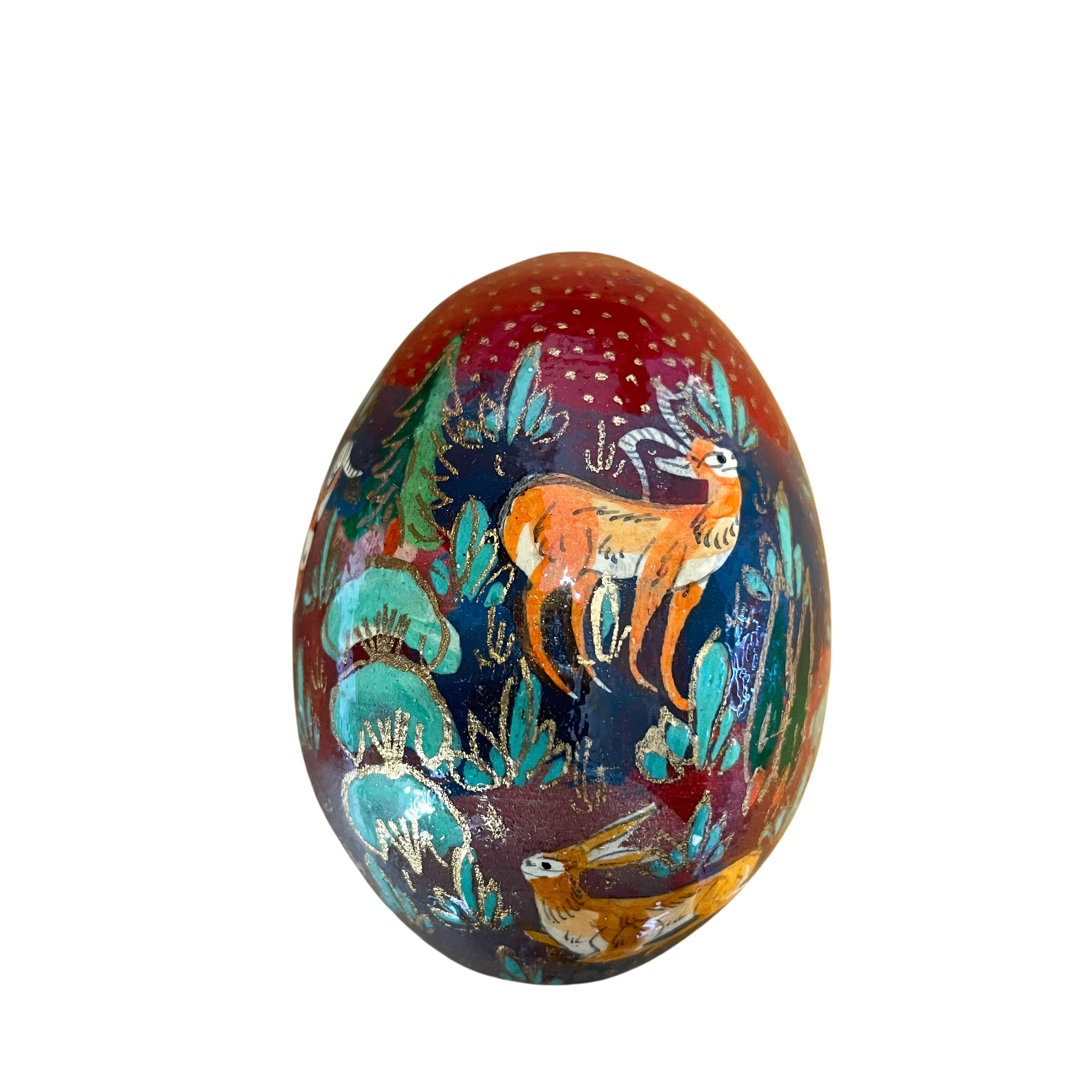 Kashmiri hand-painted folk art papier maché lacquered Easter egg with jungle animals design - Moppet