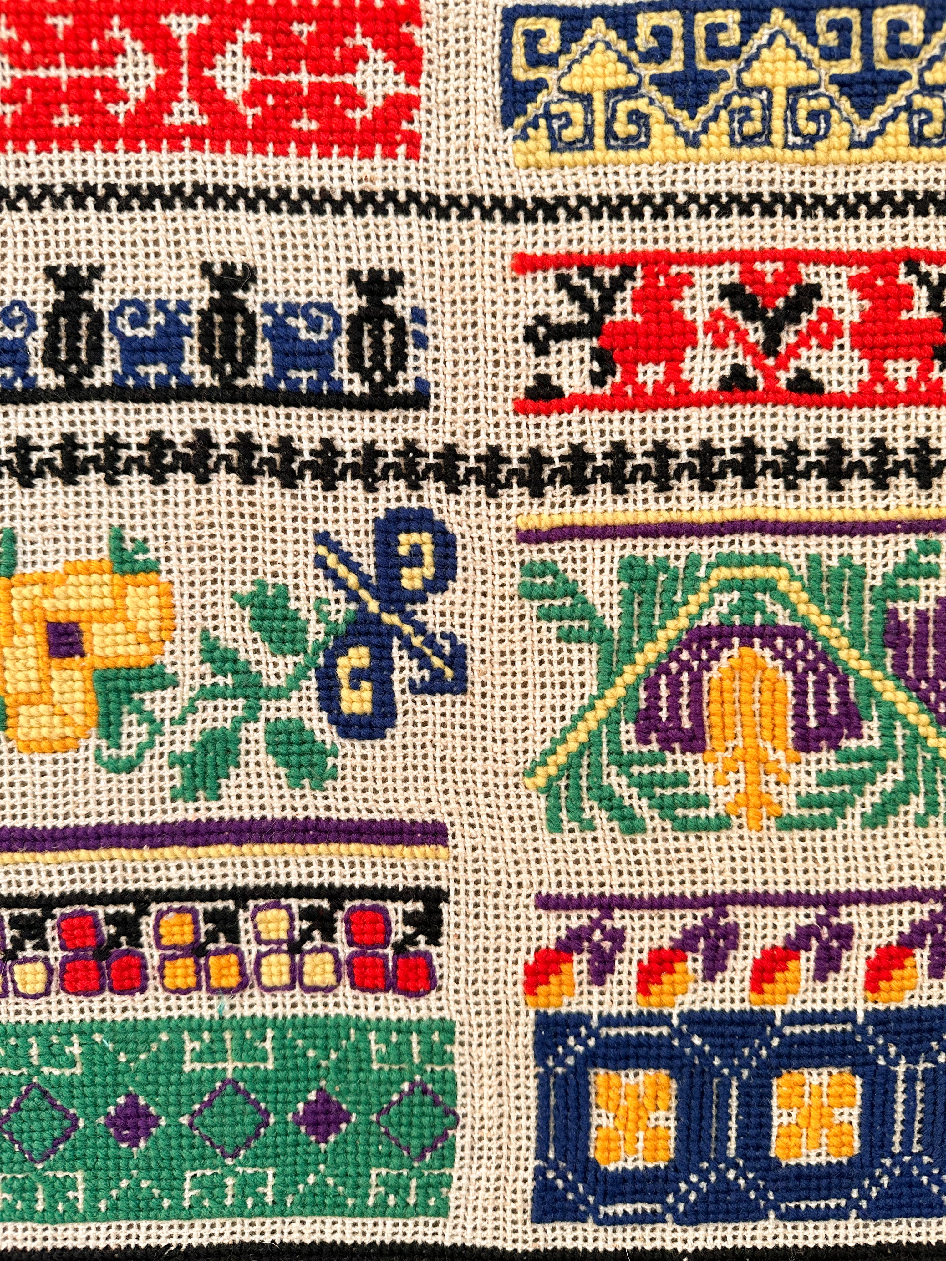Vintage hand-woven and embroidered alphabet wall-hanging tapestry in rainbow colours - Moppet