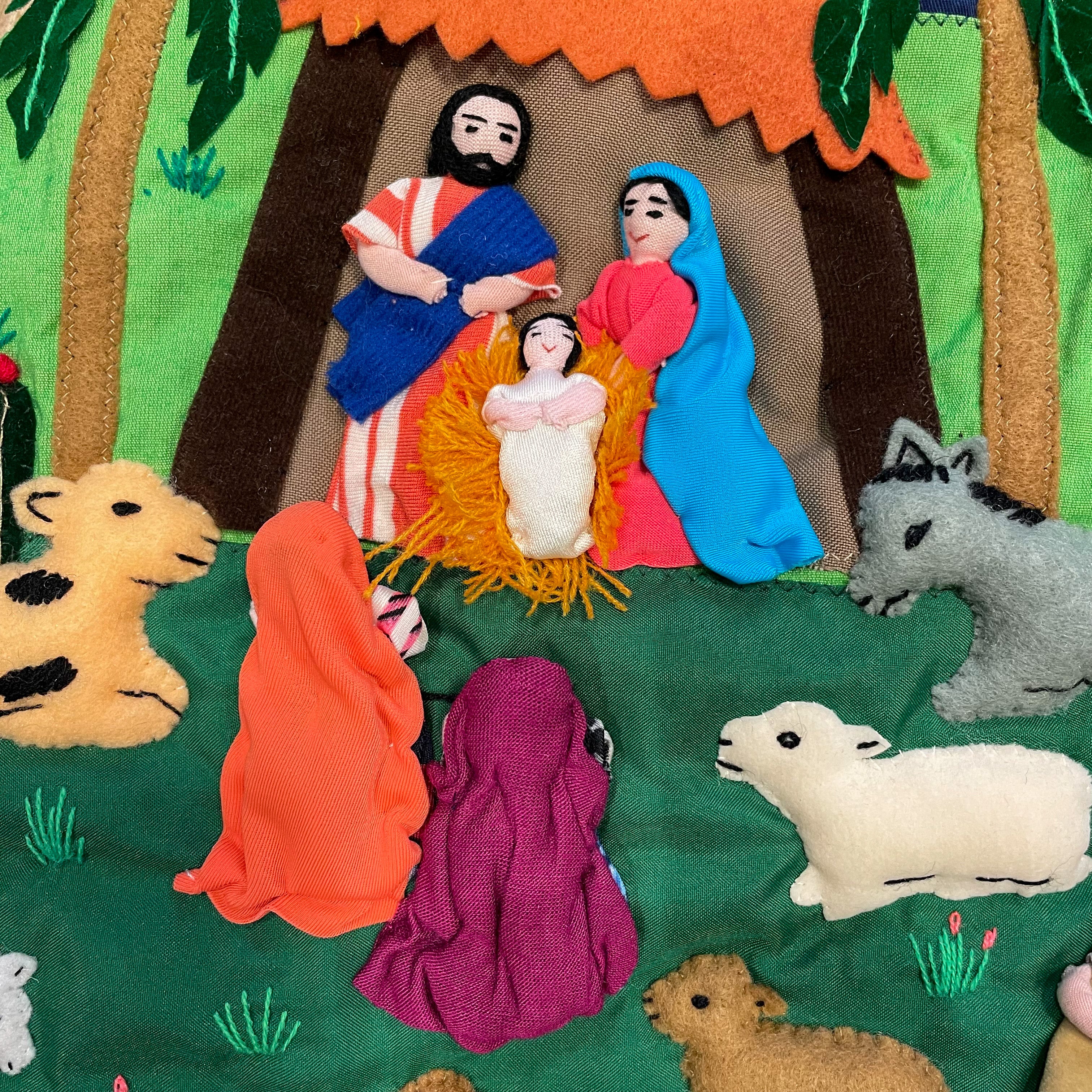 Handmade Peruvian quilted Christmas Tree Nativity folk art wall hanging arpillera tapestry - Moppet
