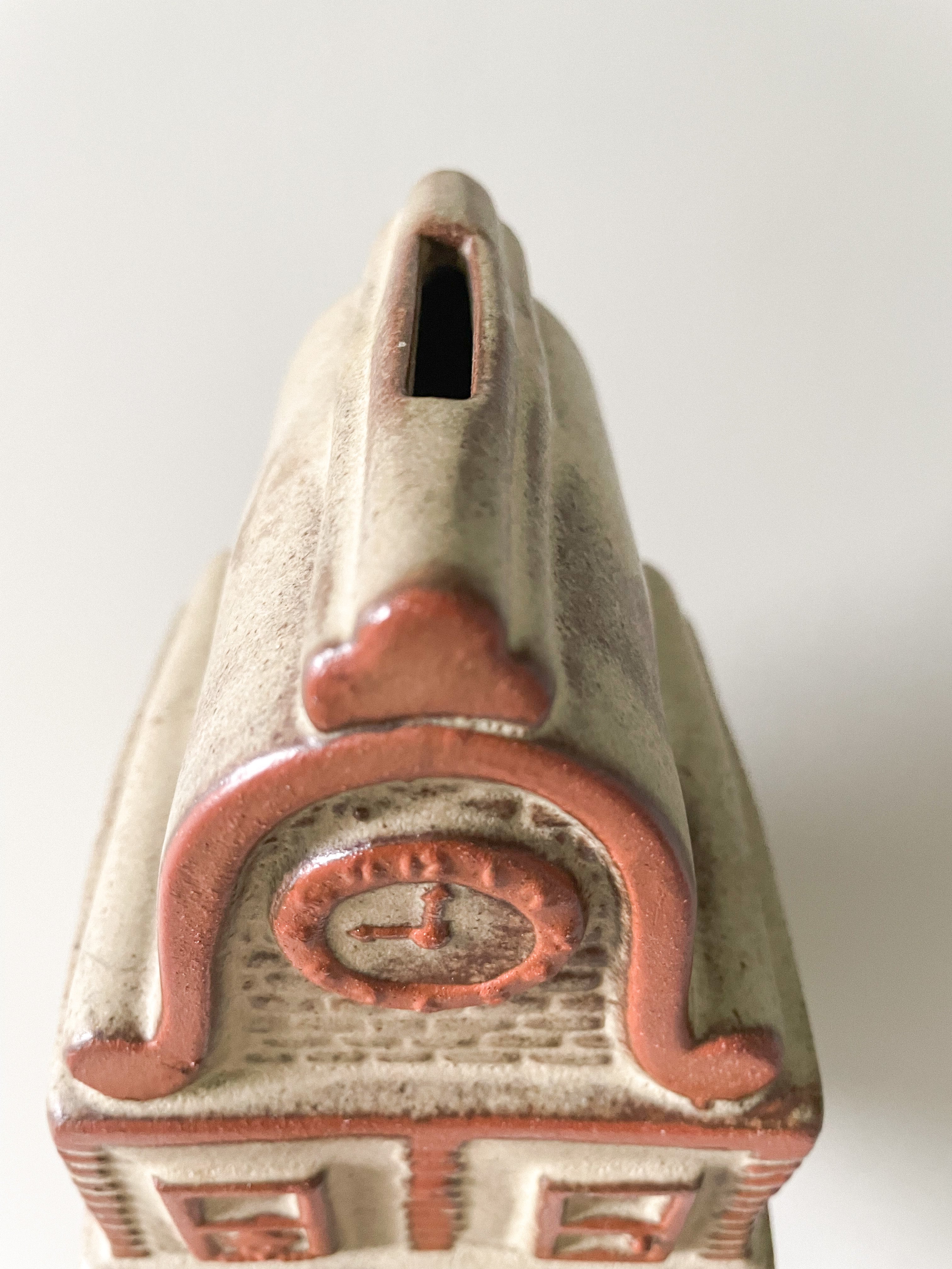 Vintage ceramic ‘School’ money box piggy bank, white and brown neutral - Moppet