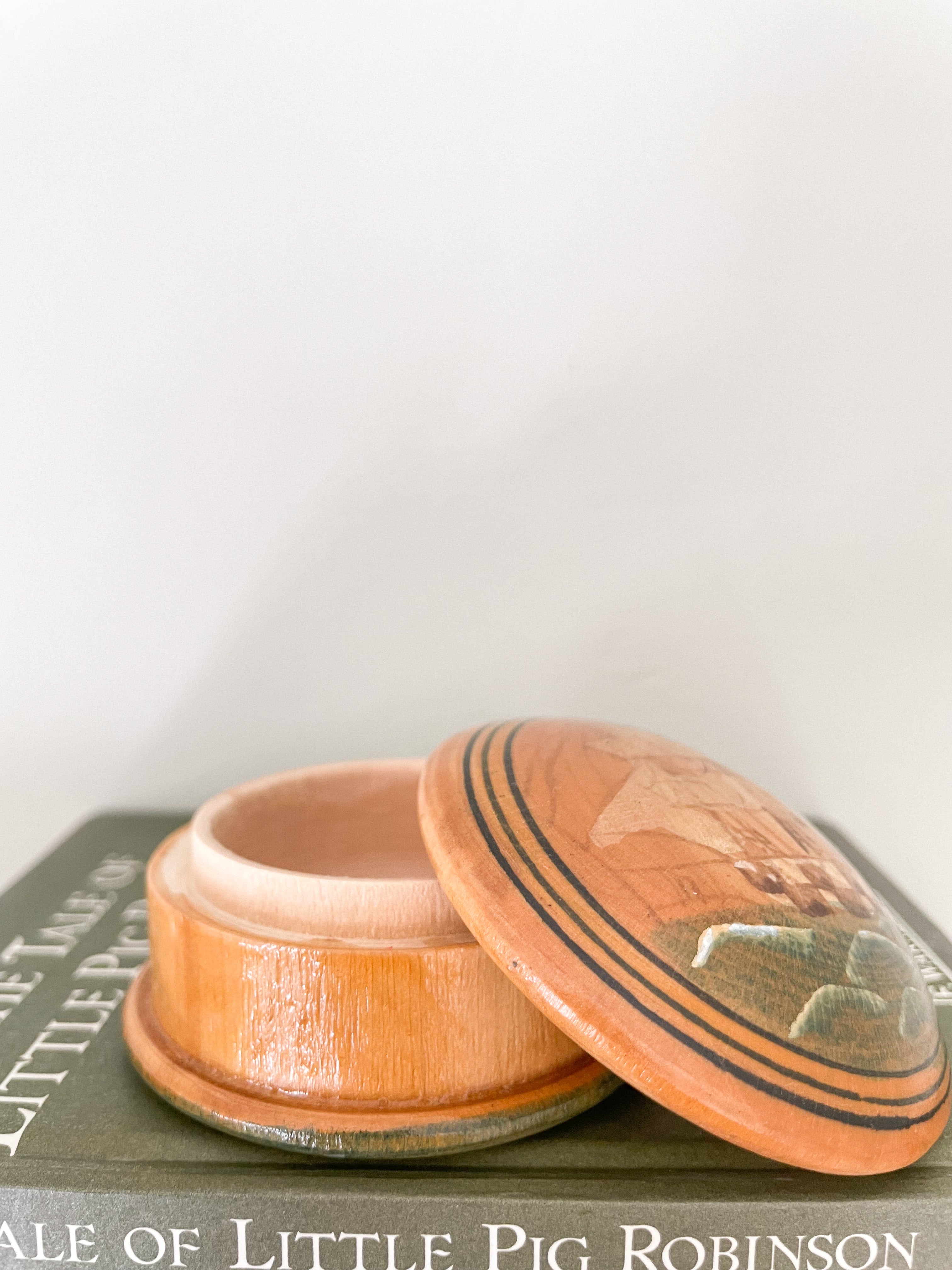 Vintage bamboo trinket box / money box / piggy bank with hand-painted ship design - Moppet
