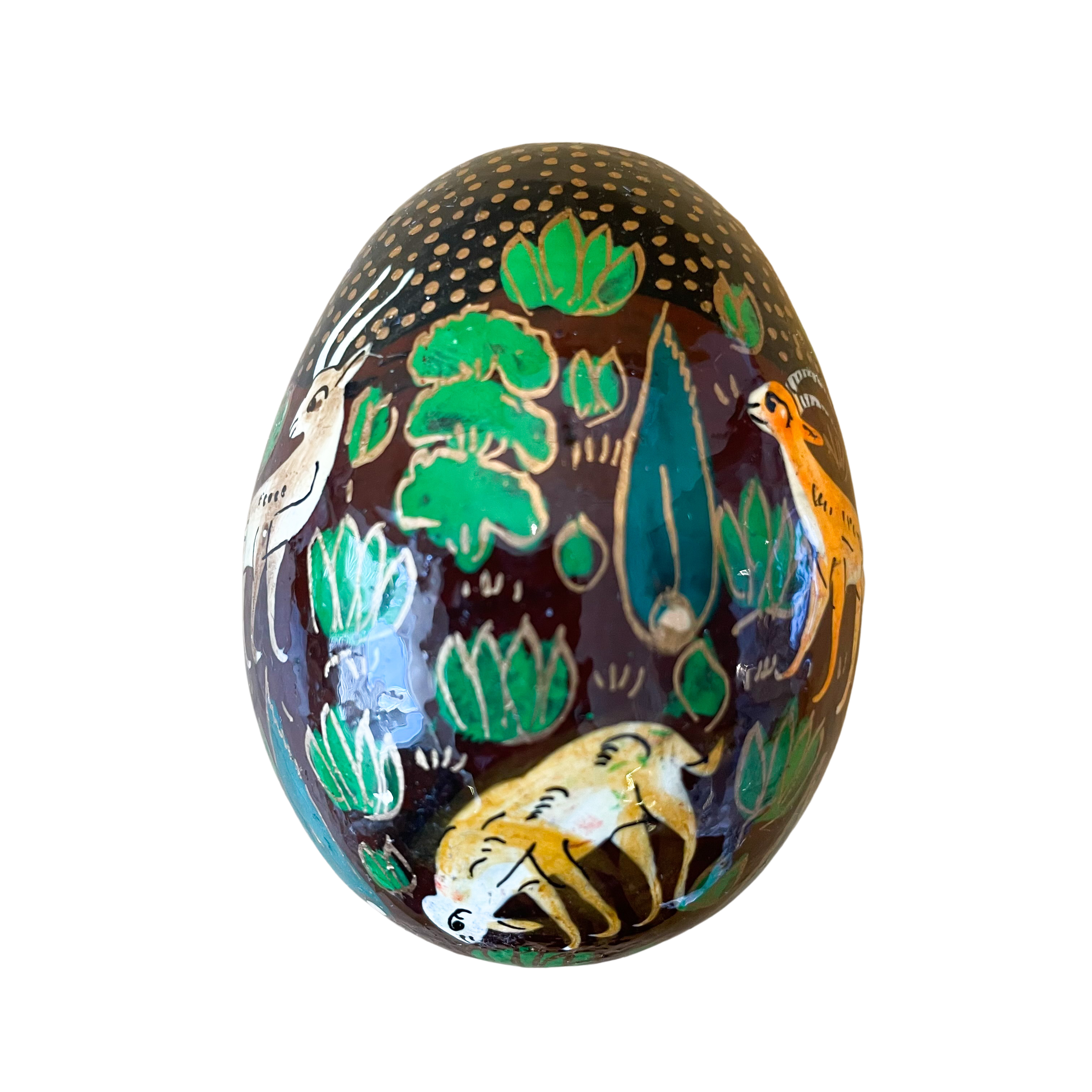 Kashmiri hand-painted folk art papier maché lacquered Easter egg with jungle animals design - Moppet