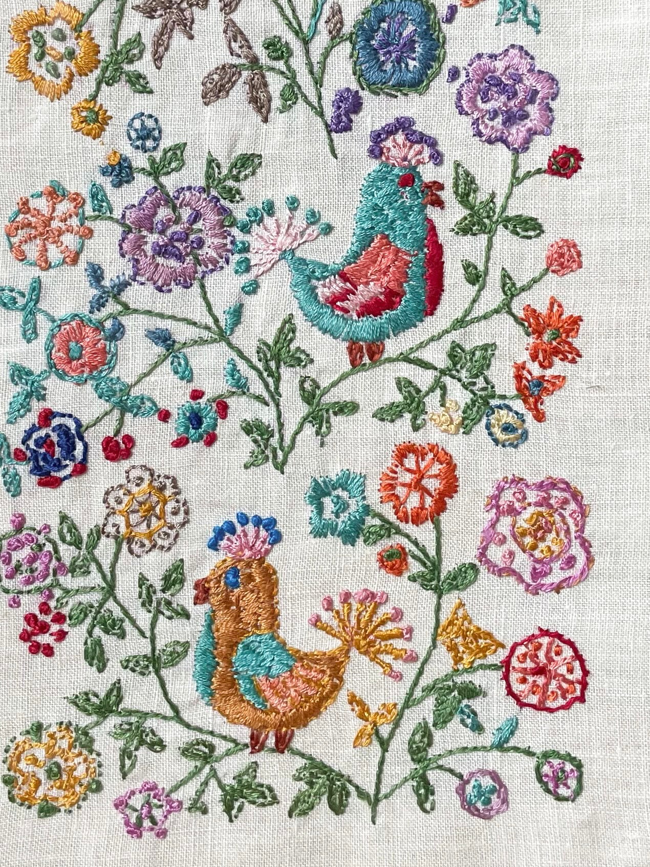 Vintage framed embroidery of multi-coloured birds and flowers with turquoise painted wooden frame - Moppet