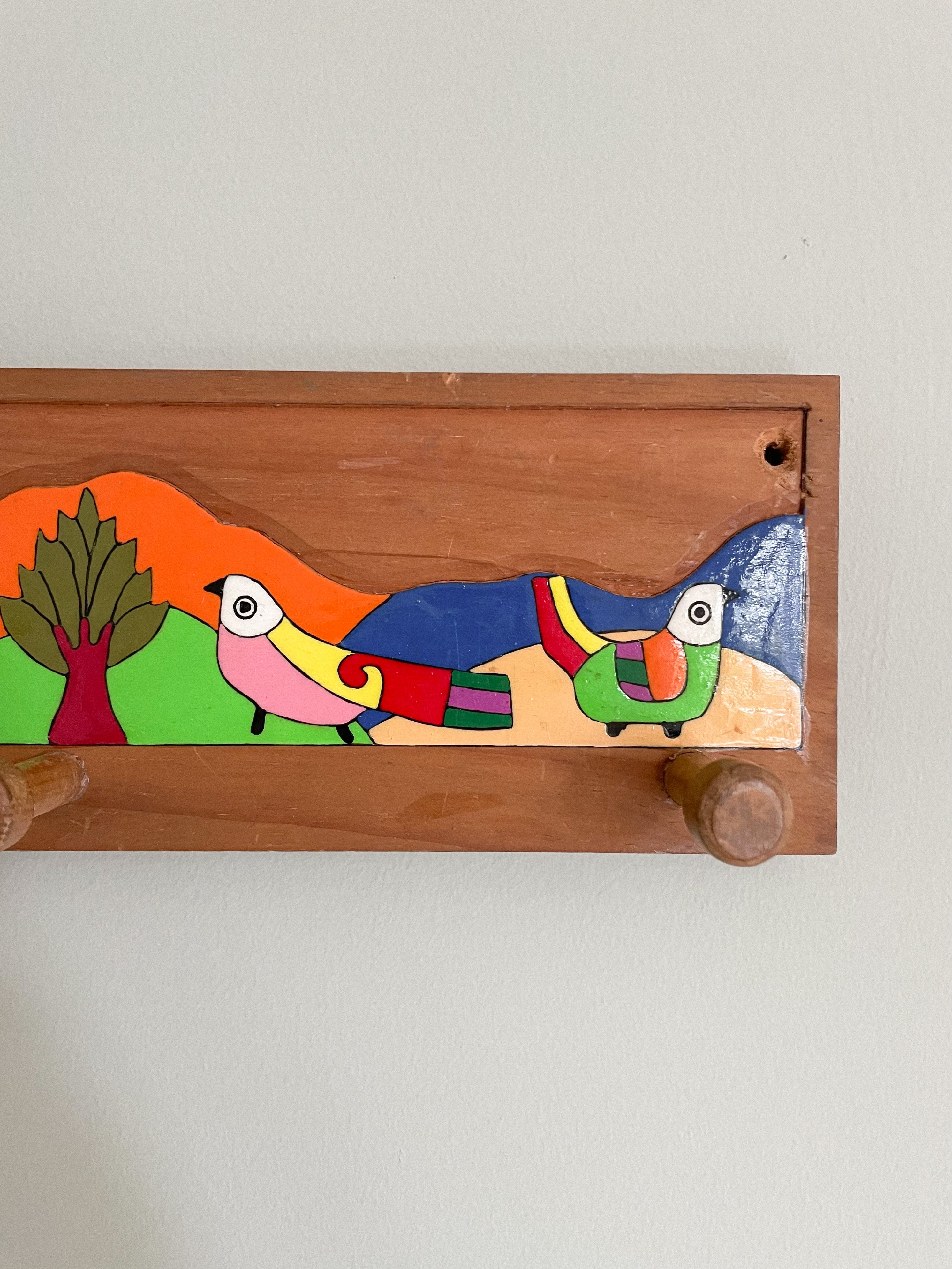 Vintage El Salvadorian wooden peg rail coat hook with hand-painted animal design - Moppet