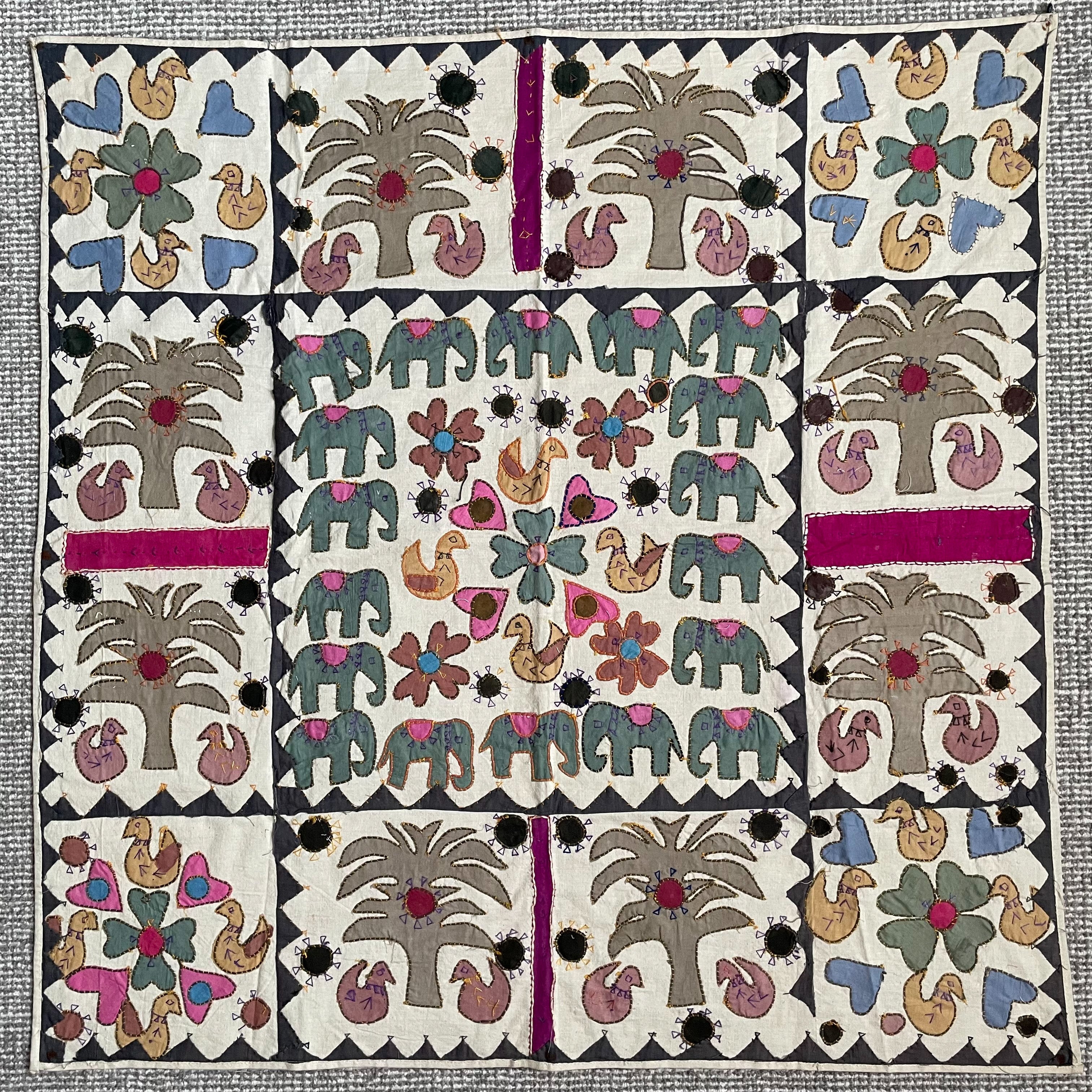 Vintage handmade Indian elephant folk art appliqué wall hanging - Moppet