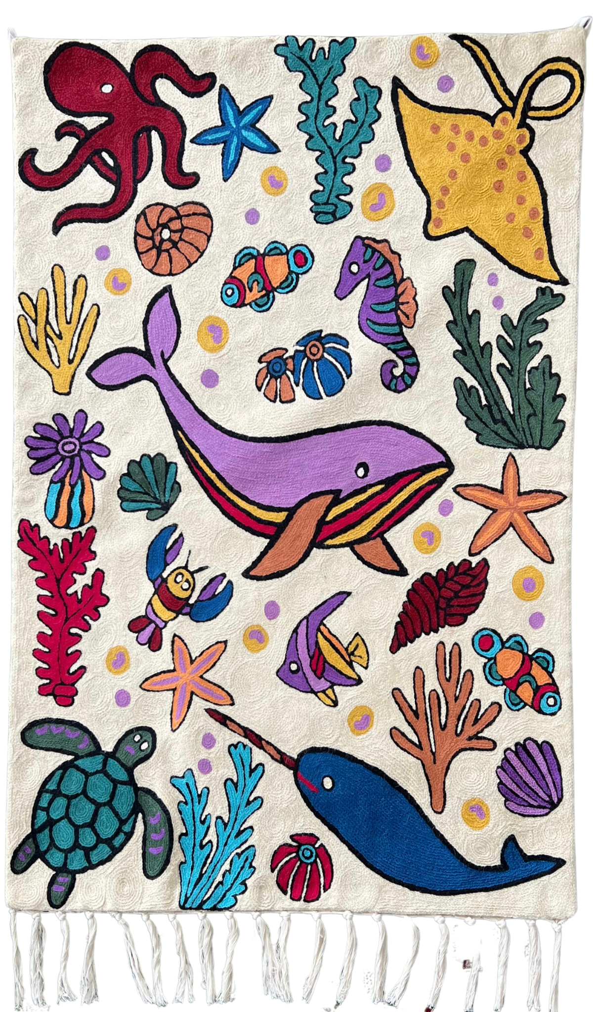 Handmade folk art Ocean crewel wall hanging tapestry | Nishat - Moppet