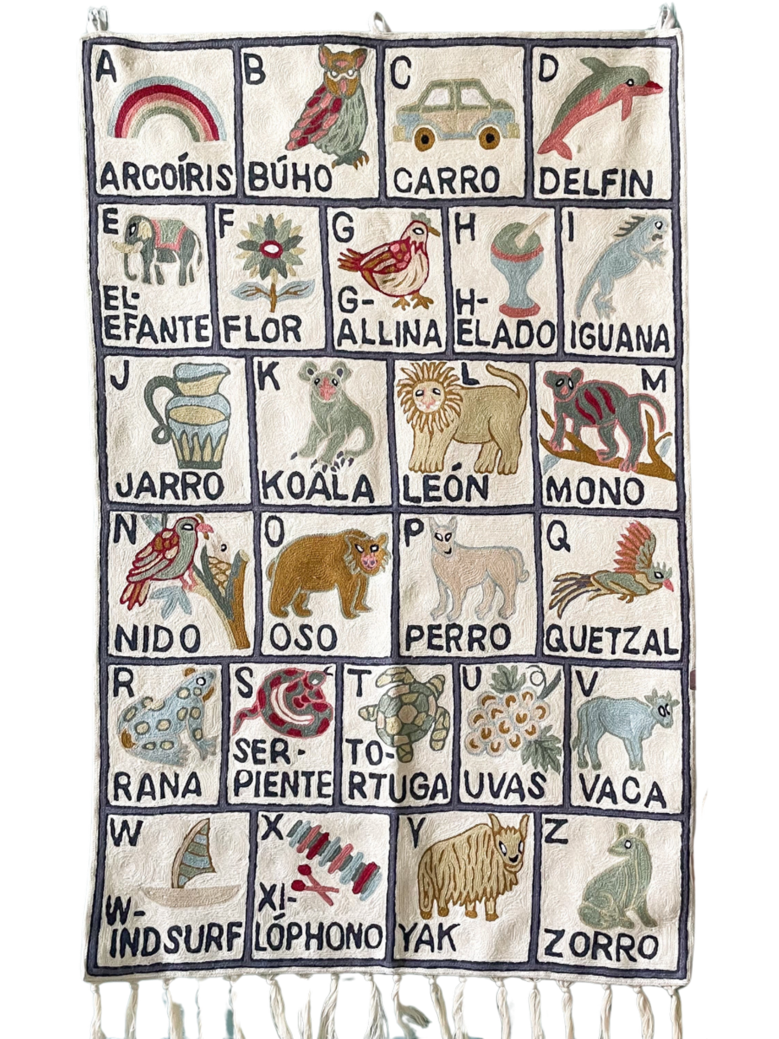 Handmade Spanish alphabet ABC (l'alfabeto o abecedario español) crewel wall hanging tapestry |  Sumbal - Moppet