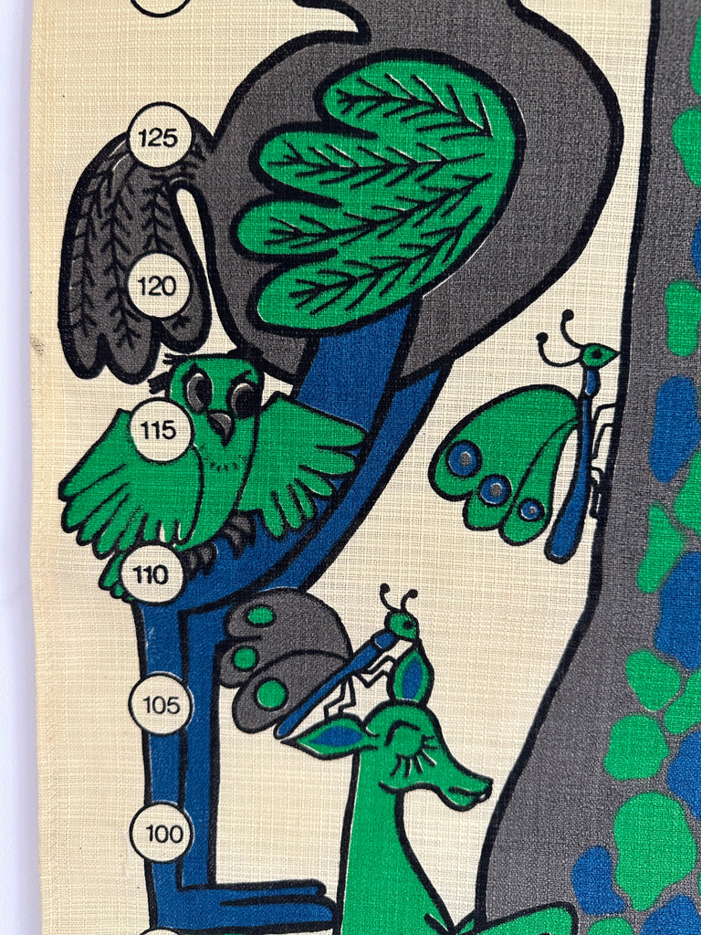 Vintage animal themed hand-printed fabric height chart / growth chart, featuring giraffe, kangaroo, elephant;by Moledet Israel - Moppet