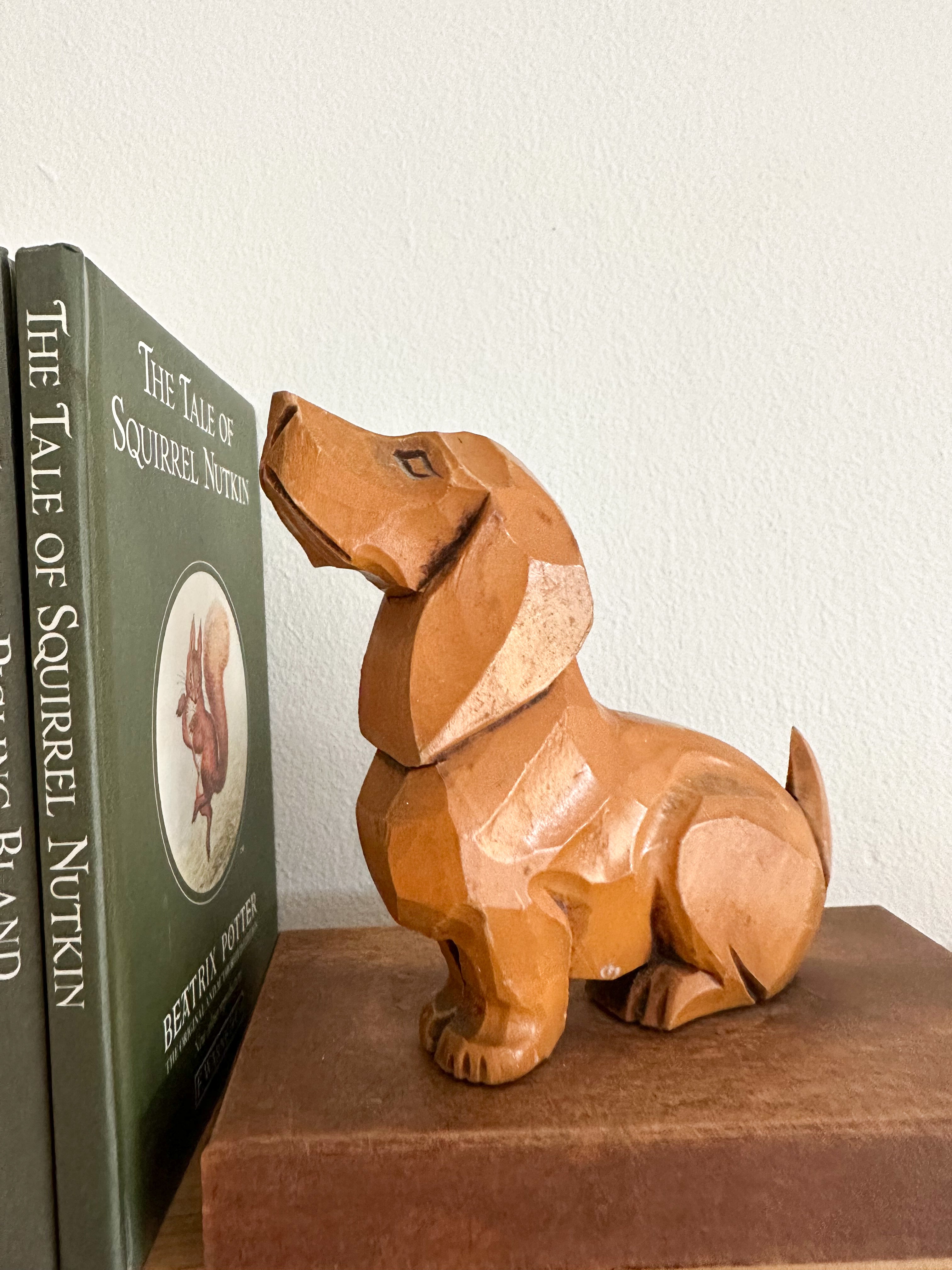 Pair of rare vintage hand-carved wooden Art Deco dachshund sausage dog bookends, red and blue - Moppet