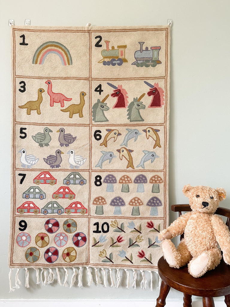 Handmade numbers 123 crewel wall hanging tapestry (feat. dinosaurs, unicorns, flowers, cars, trains and rainbows) | Aru | PREORDER - Moppet