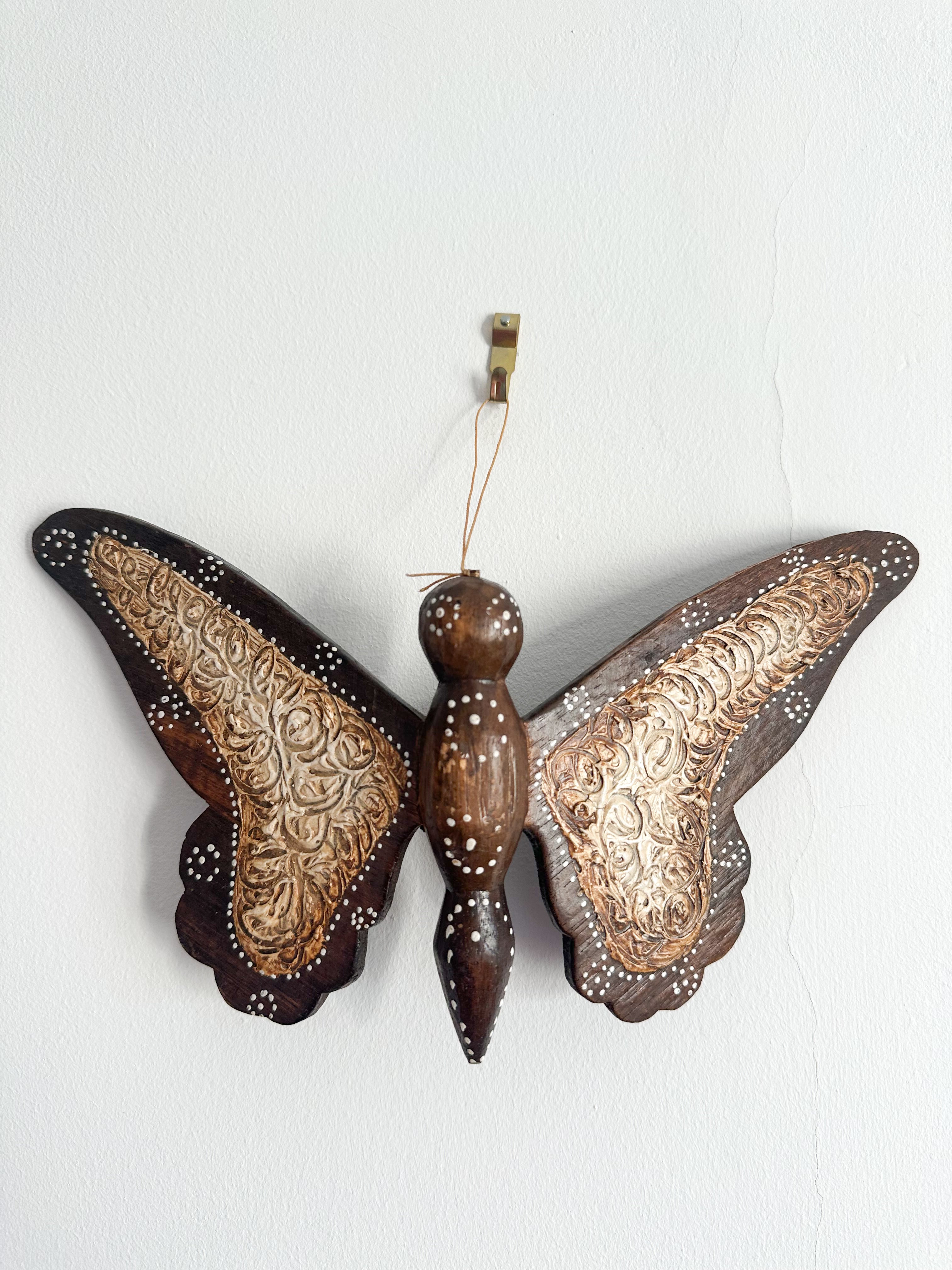 Vintage Aboriginal wooden hand-carved butterfly, wall hanging